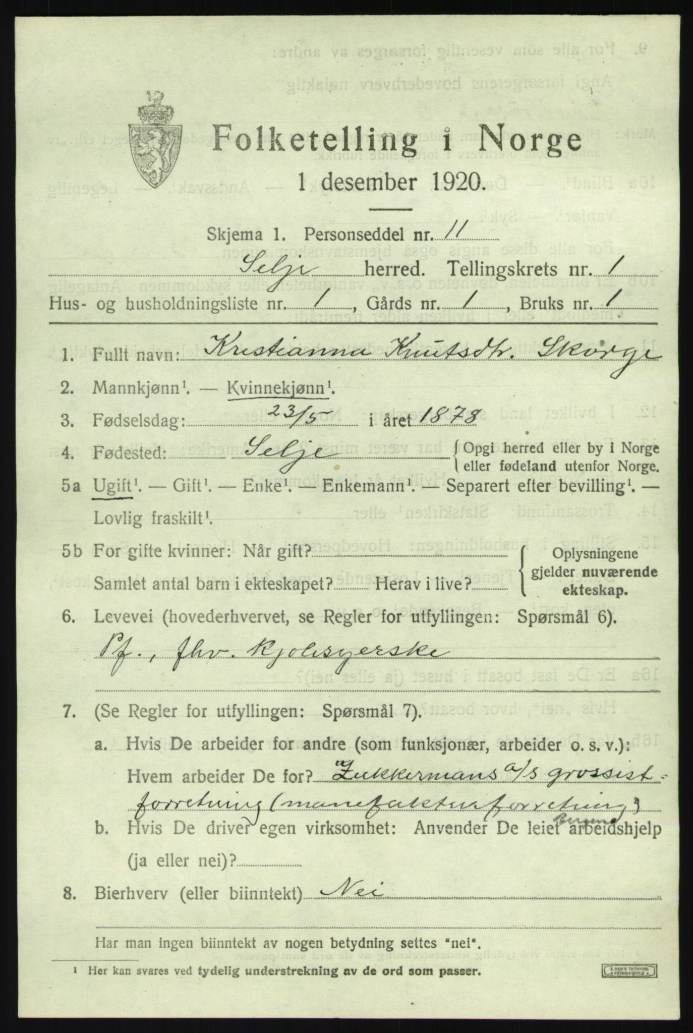 SAB, 1920 census for Selje, 1920, p. 1215