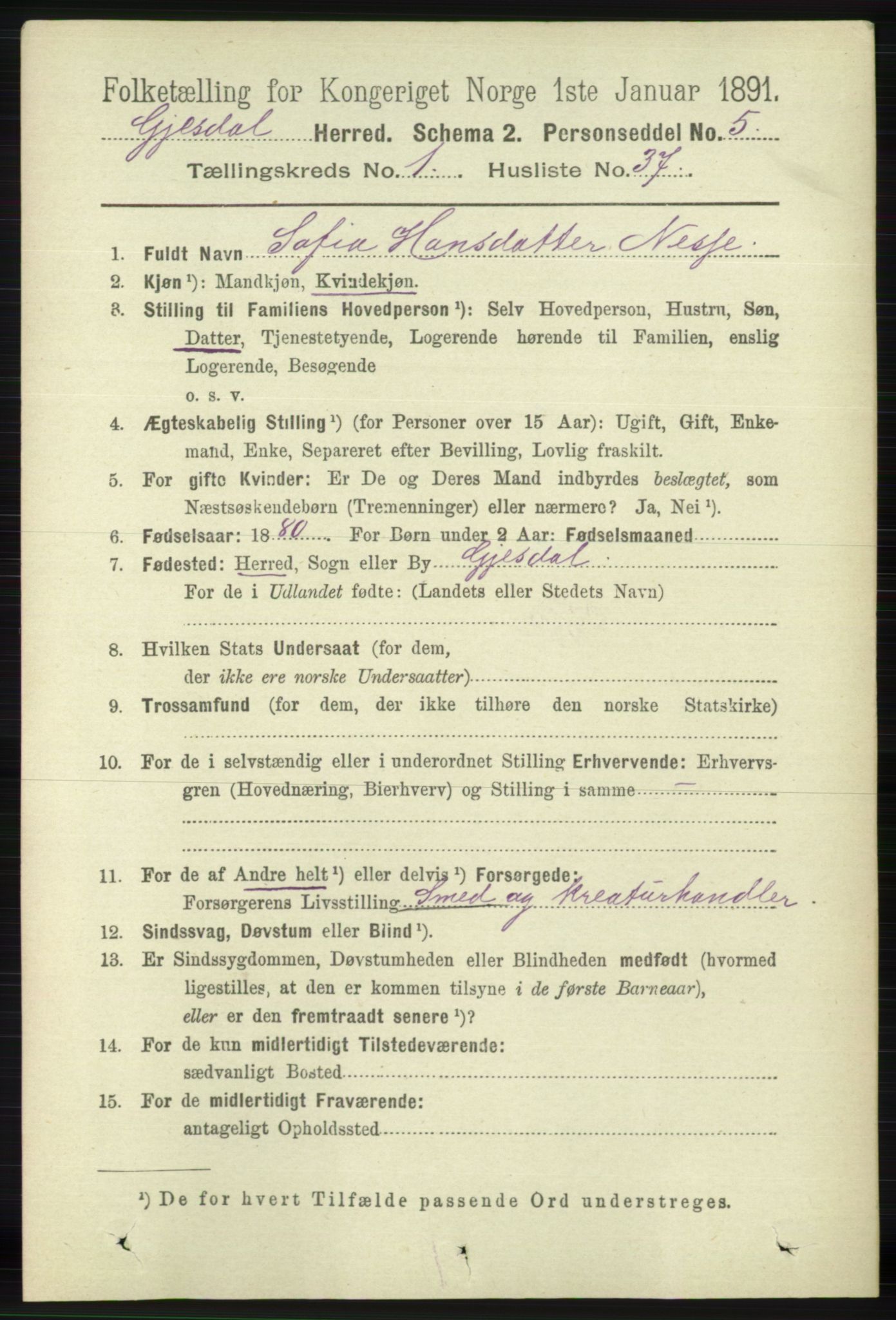 RA, 1891 census for 1122 Gjesdal, 1891, p. 335