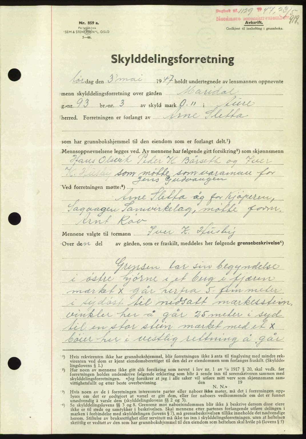 Nordmøre sorenskriveri, AV/SAT-A-4132/1/2/2Ca: Mortgage book no. A104, 1947-1947, Diary no: : 1129/1947