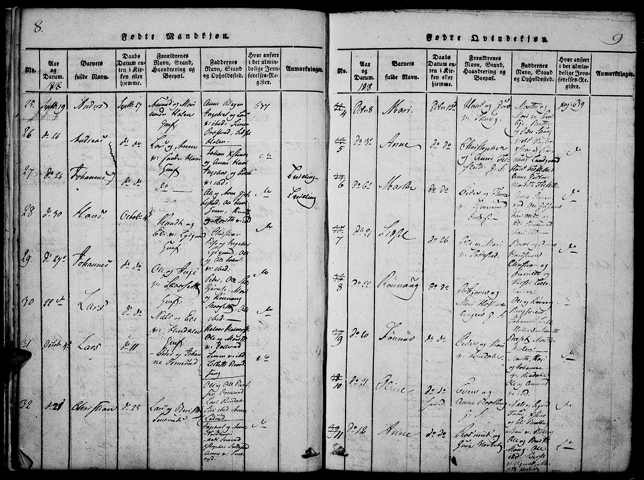 Fåberg prestekontor, SAH/PREST-086/H/Ha/Haa/L0003: Parish register (official) no. 3, 1818-1833, p. 8-9