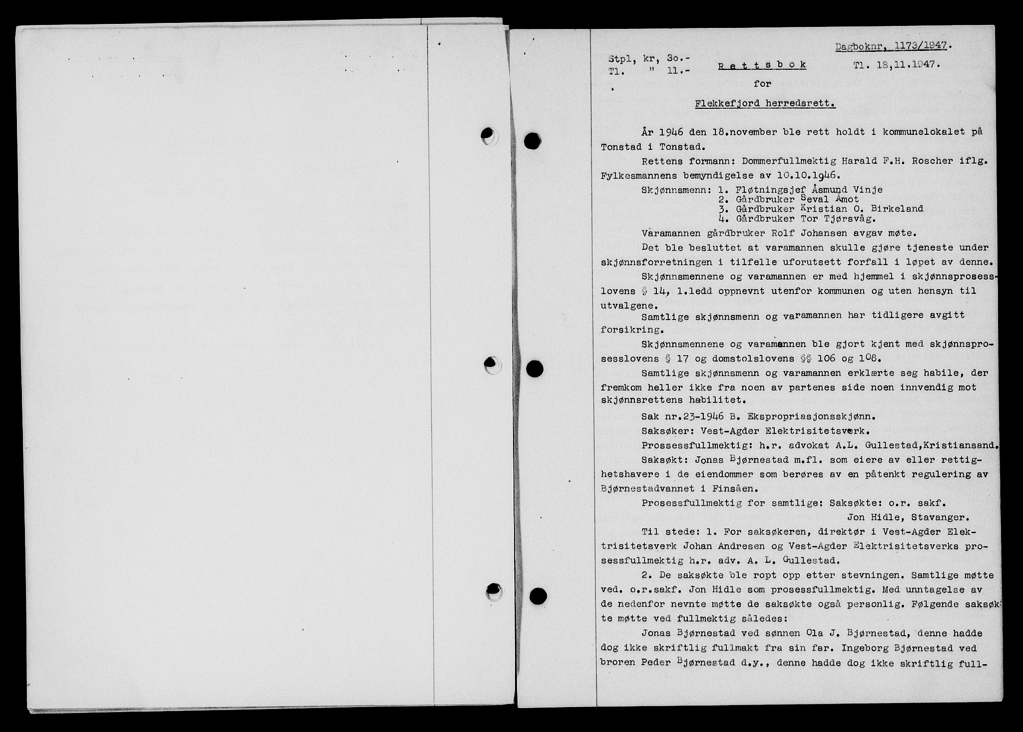 Flekkefjord sorenskriveri, AV/SAK-1221-0001/G/Gb/Gba/L0063: Mortgage book no. A-11, 1947-1948, Diary no: : 1173/1947