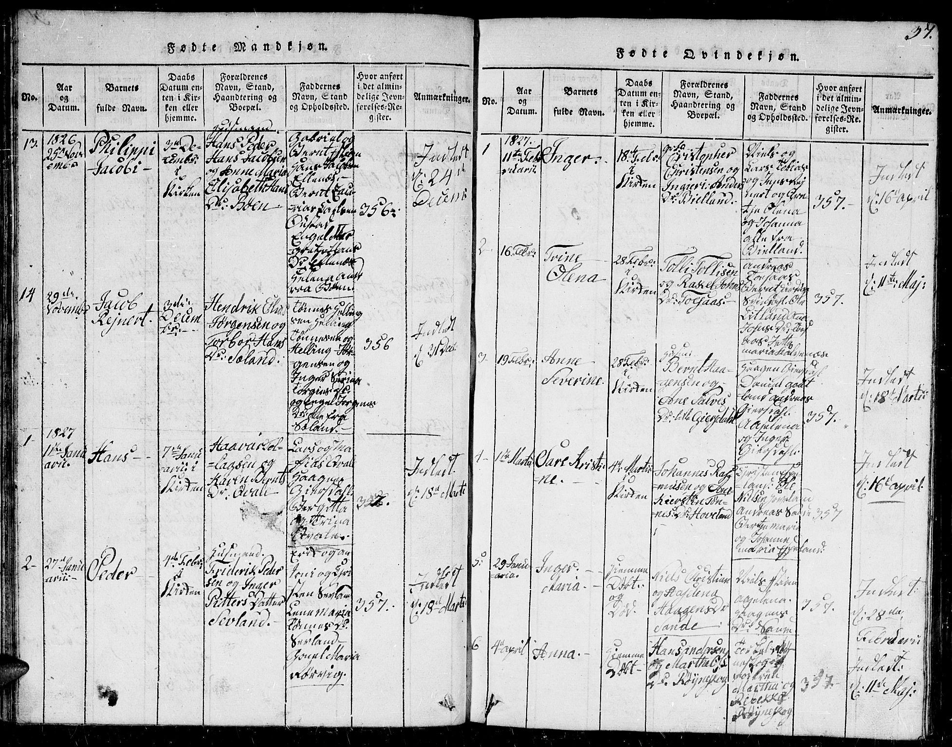 Herad sokneprestkontor, AV/SAK-1111-0018/F/Fb/Fba/L0001: Parish register (copy) no. B 1, 1815-1852, p. 37