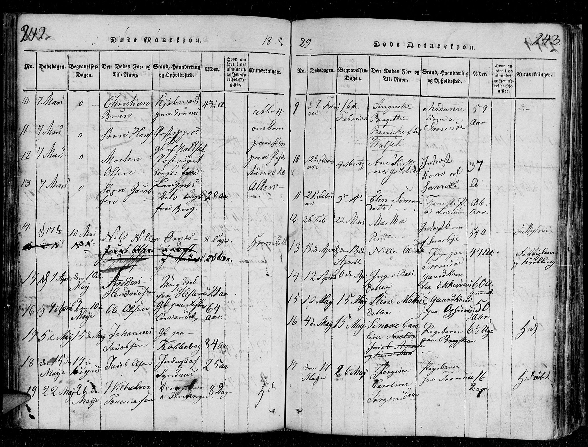 Tromsø sokneprestkontor/stiftsprosti/domprosti, SATØ/S-1343/G/Gb/L0001klokker: Parish register (copy) no. 1, 1821-1833, p. 242-243