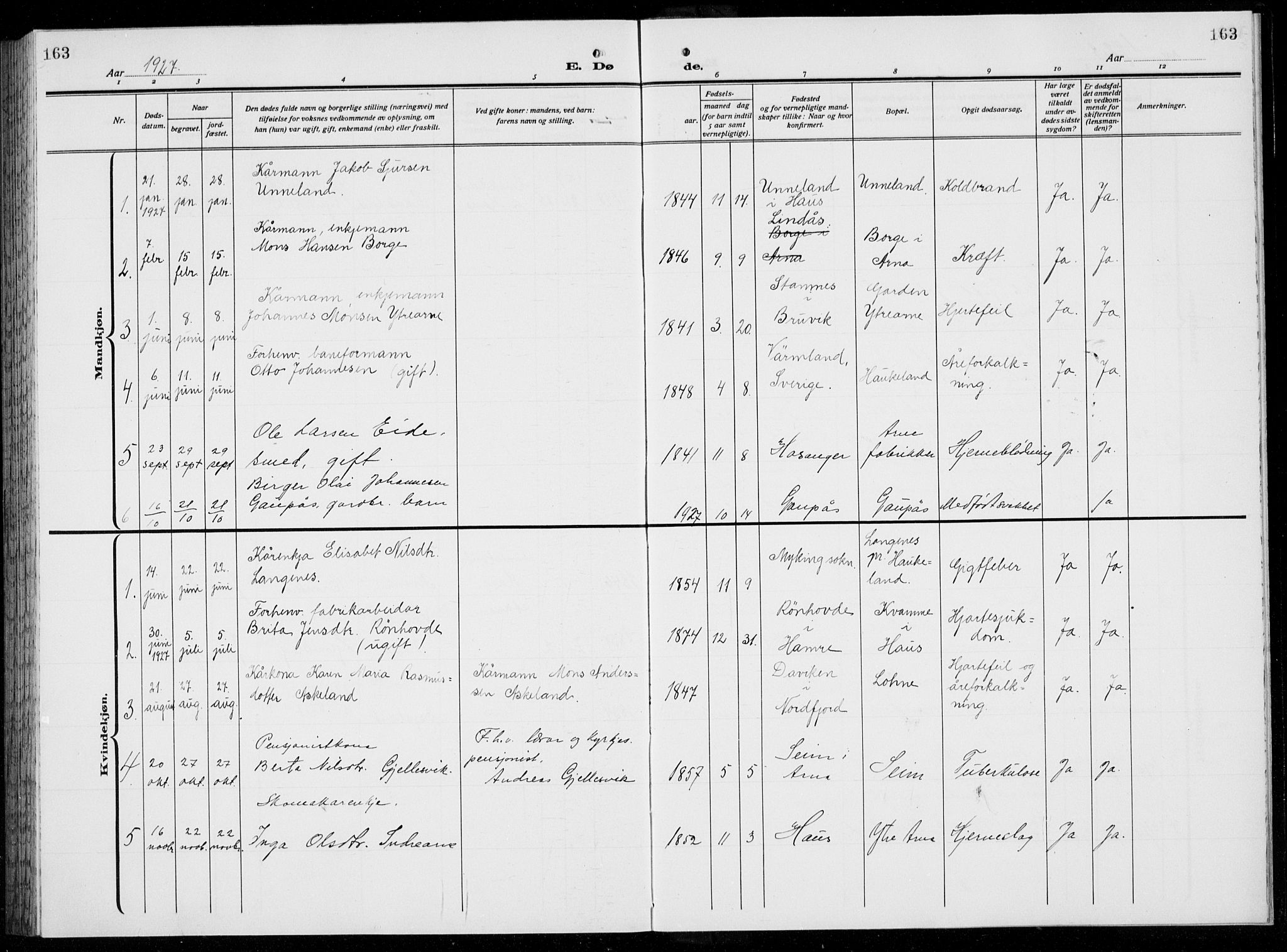 Arna Sokneprestembete, SAB/A-74001/H/Ha/Hab: Parish register (copy) no. A  6, 1922-1936, p. 163