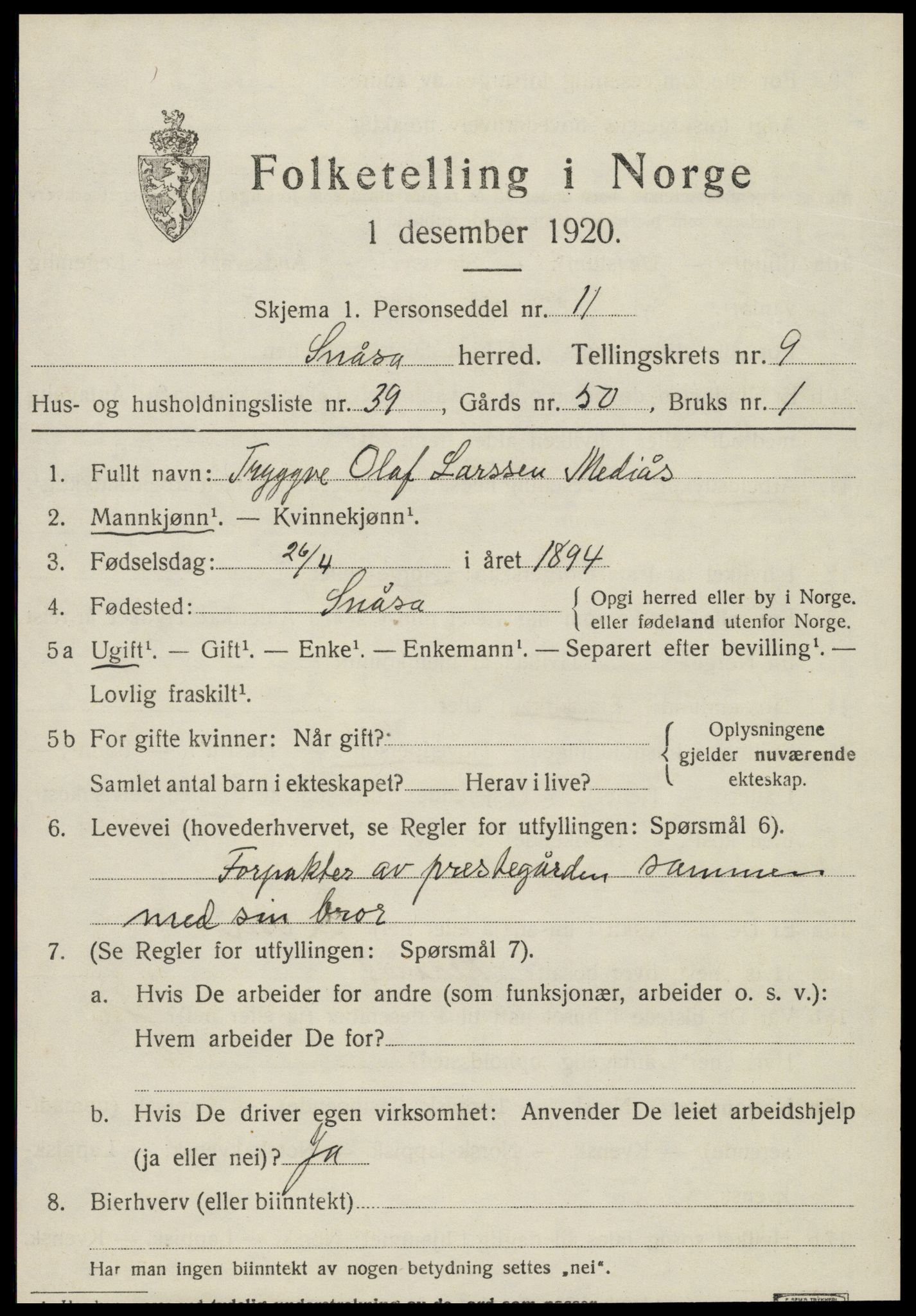 SAT, 1920 census for Snåsa, 1920, p. 4116