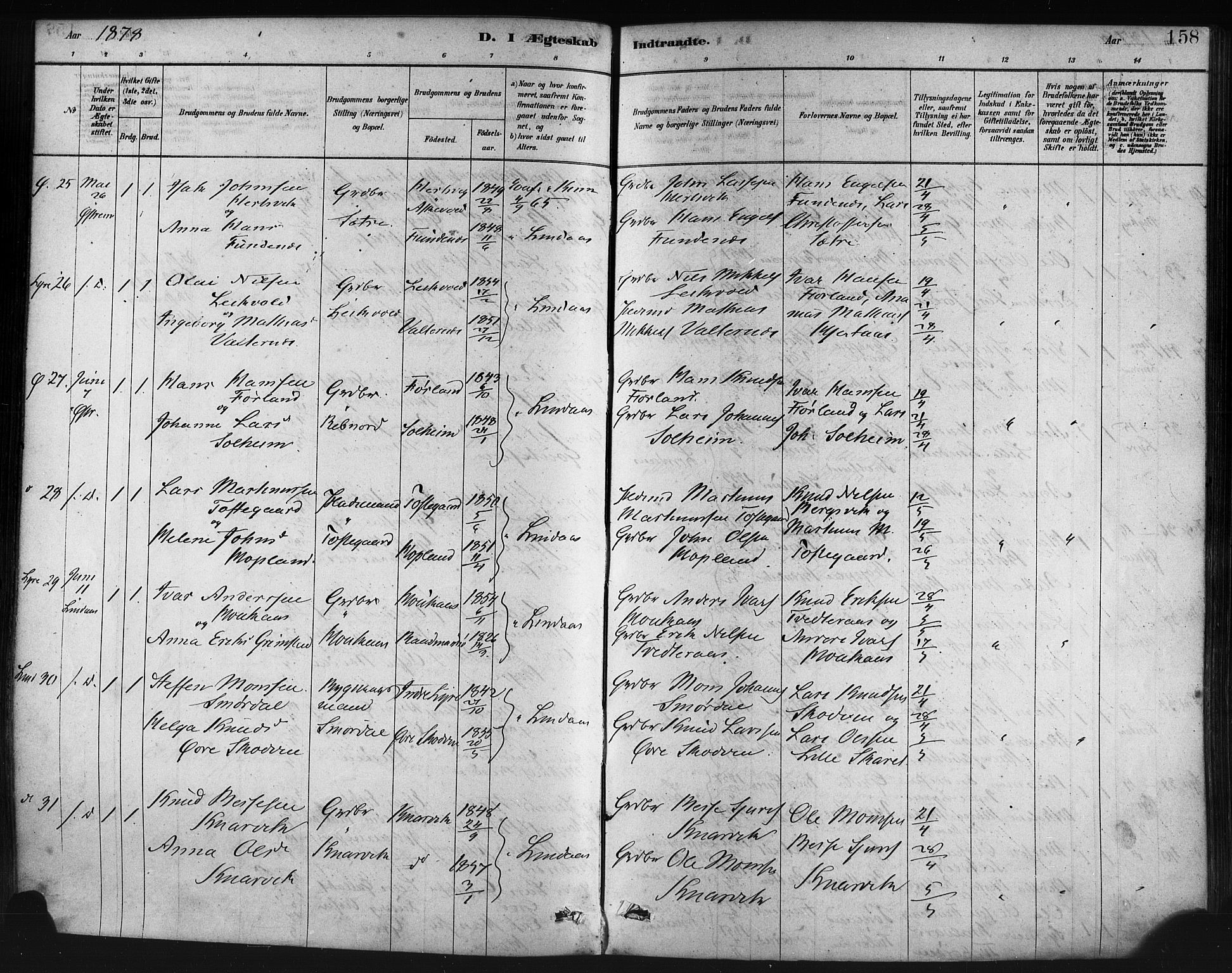 Lindås Sokneprestembete, SAB/A-76701/H/Haa: Parish register (official) no. A 19, 1878-1912, p. 158