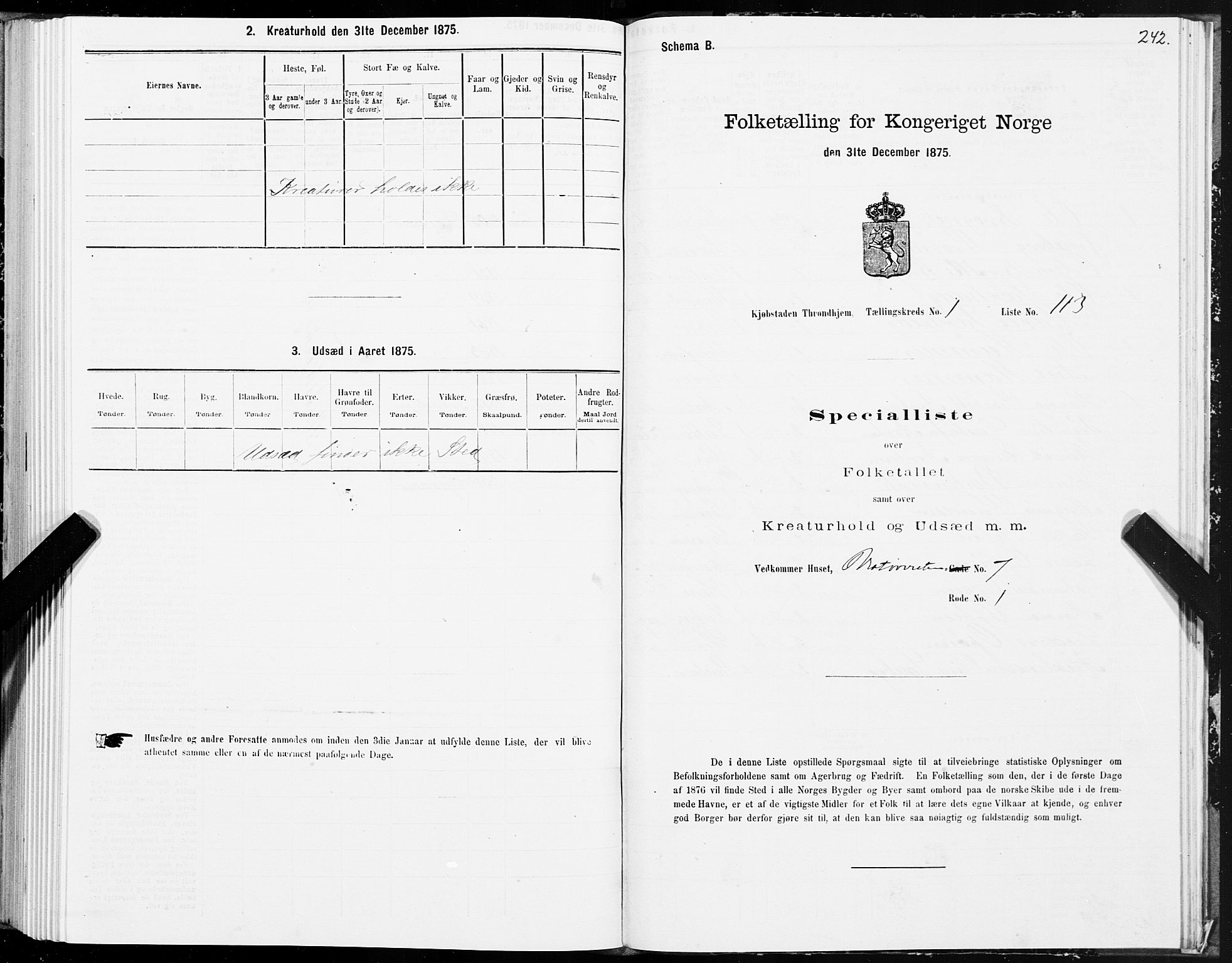 SAT, 1875 census for 1601 Trondheim, 1875, p. 1242