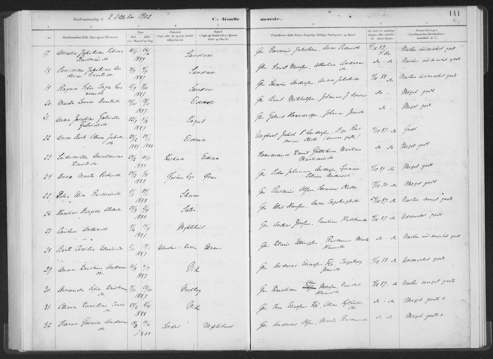 Ministerialprotokoller, klokkerbøker og fødselsregistre - Møre og Romsdal, AV/SAT-A-1454/502/L0025: Parish register (official) no. 502A03, 1885-1909, p. 141