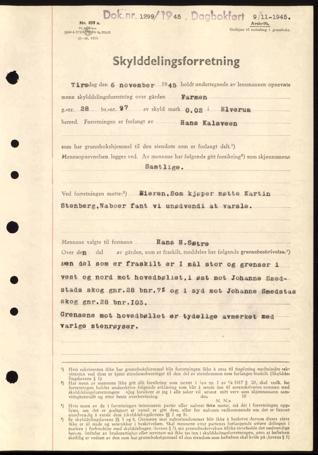 Sør-Østerdal sorenskriveri, AV/SAH-TING-018/H/Hb/Hbb/L0073: Mortgage book no. A73, 1945-1946, Diary no: : 1299/1945