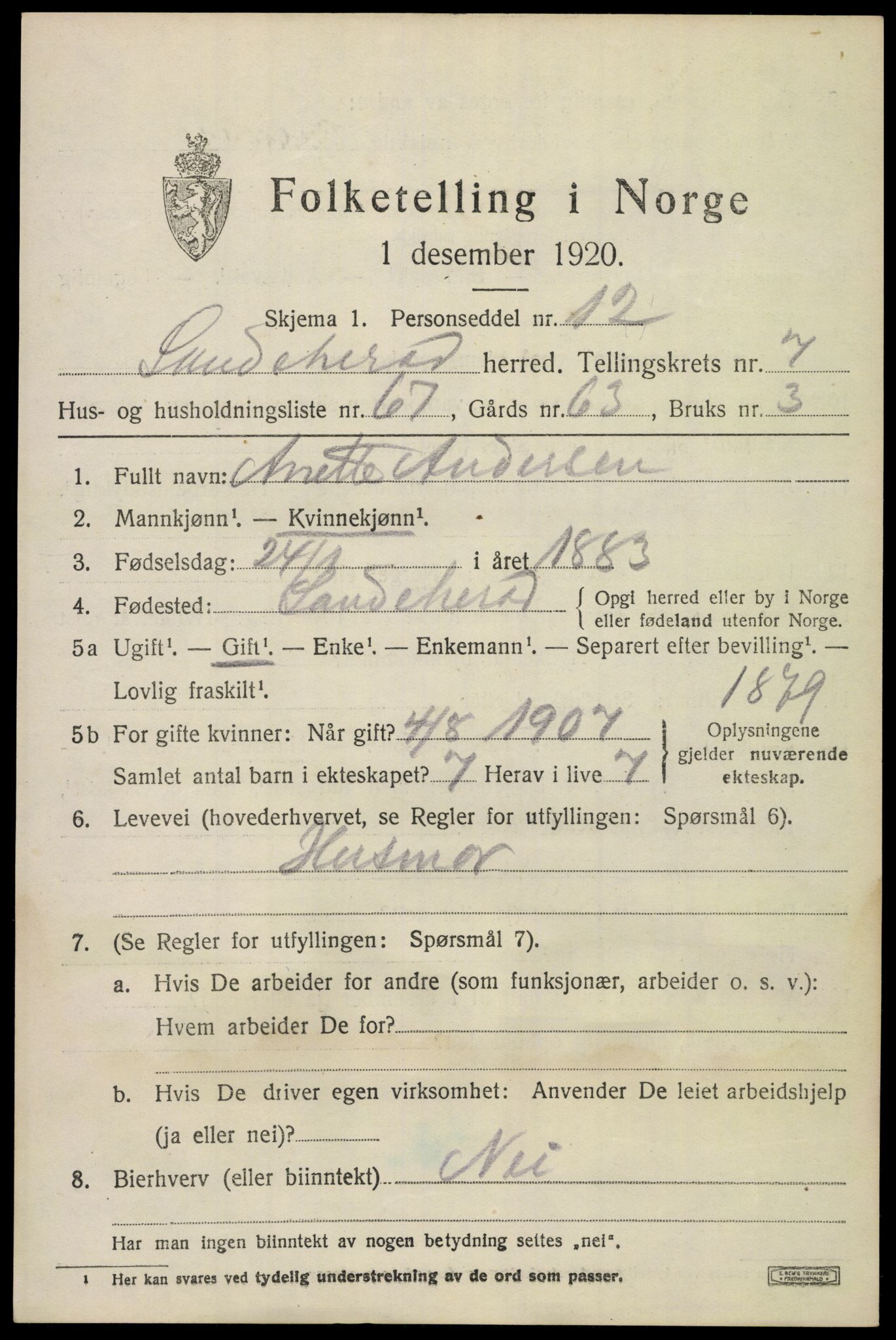 SAKO, 1920 census for Sandeherred, 1920, p. 12698