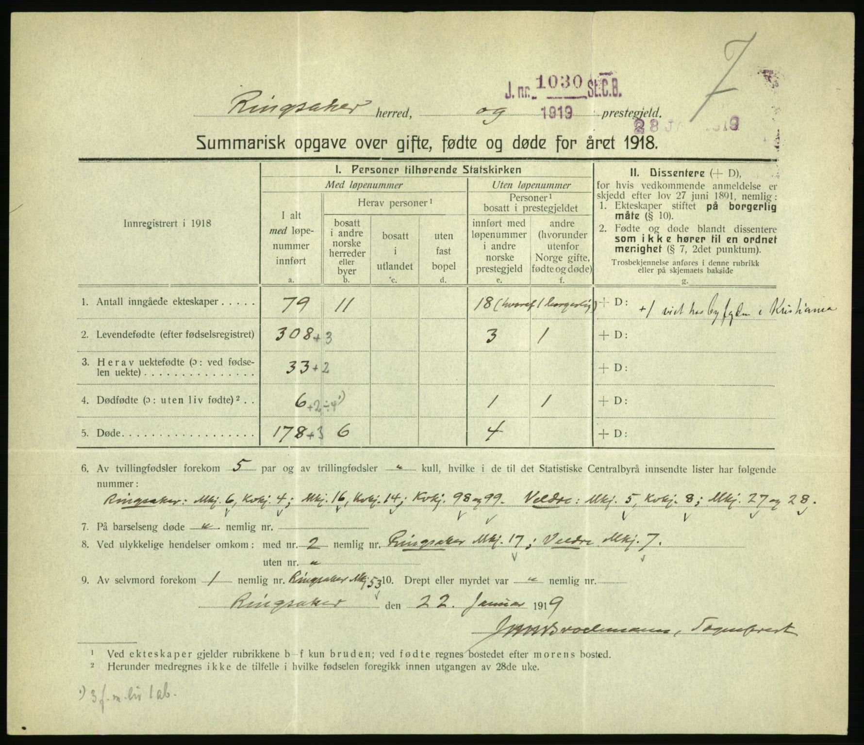 Statistisk sentralbyrå, Sosiodemografiske emner, Befolkning, RA/S-2228/D/Df/Dfb/Dfbh/L0059: Summariske oppgaver over gifte, fødte og døde for hele landet., 1918, p. 243