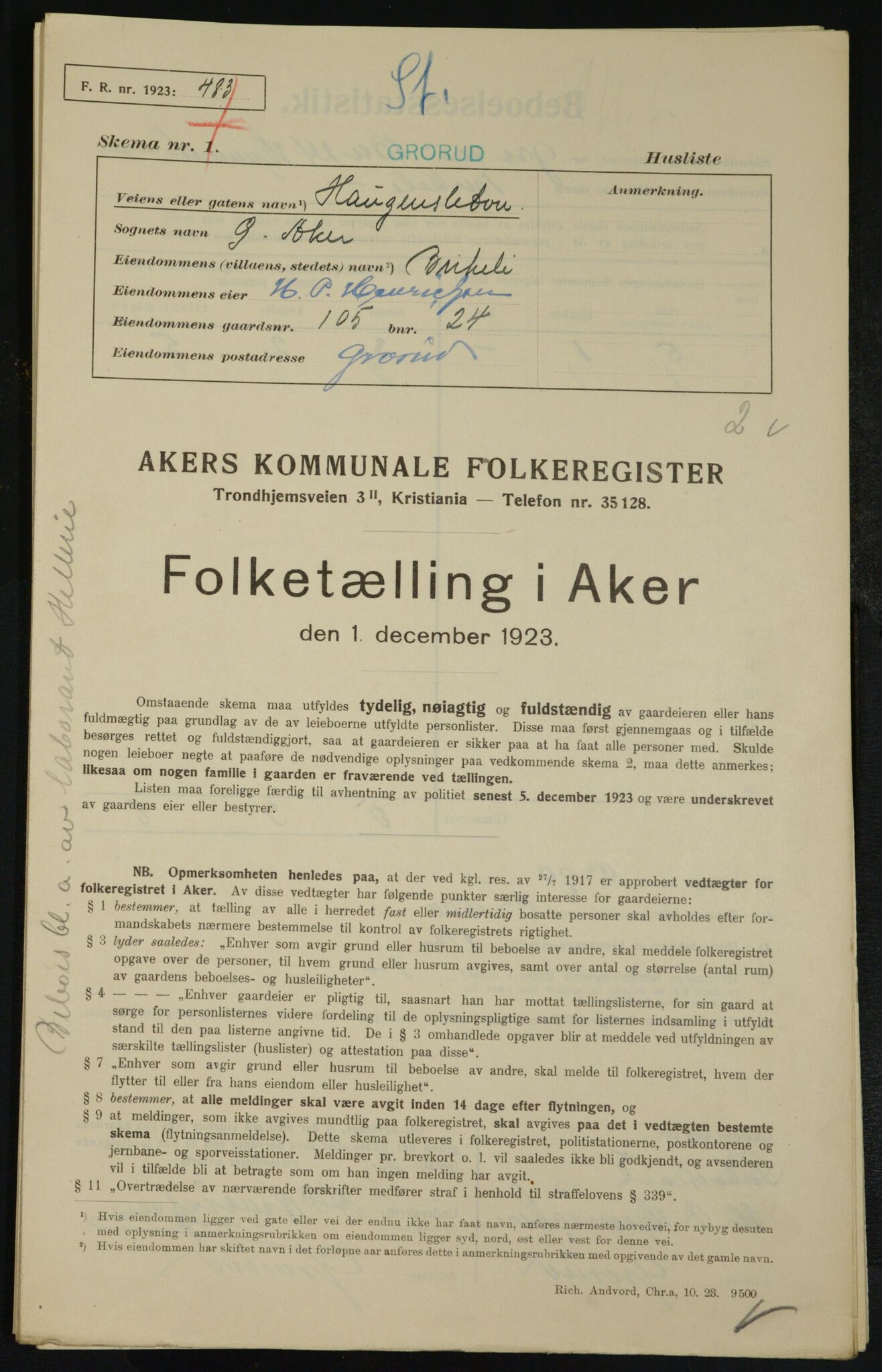 , Municipal Census 1923 for Aker, 1923, p. 25575