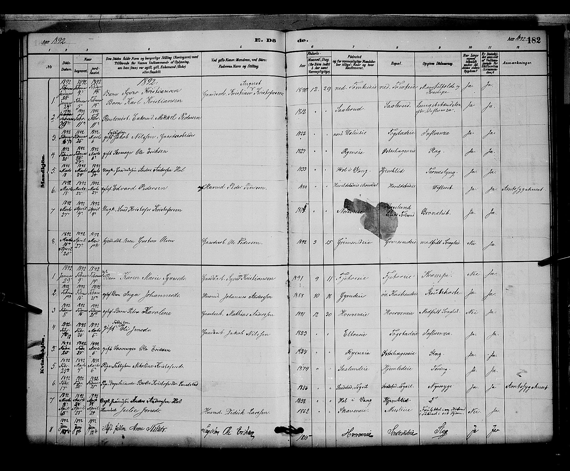 Stange prestekontor, SAH/PREST-002/L/L0007: Parish register (copy) no. 7, 1880-1893, p. 182