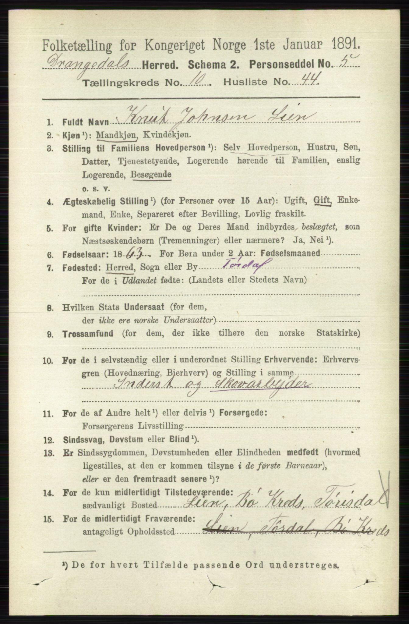 RA, 1891 census for 0817 Drangedal, 1891, p. 3713