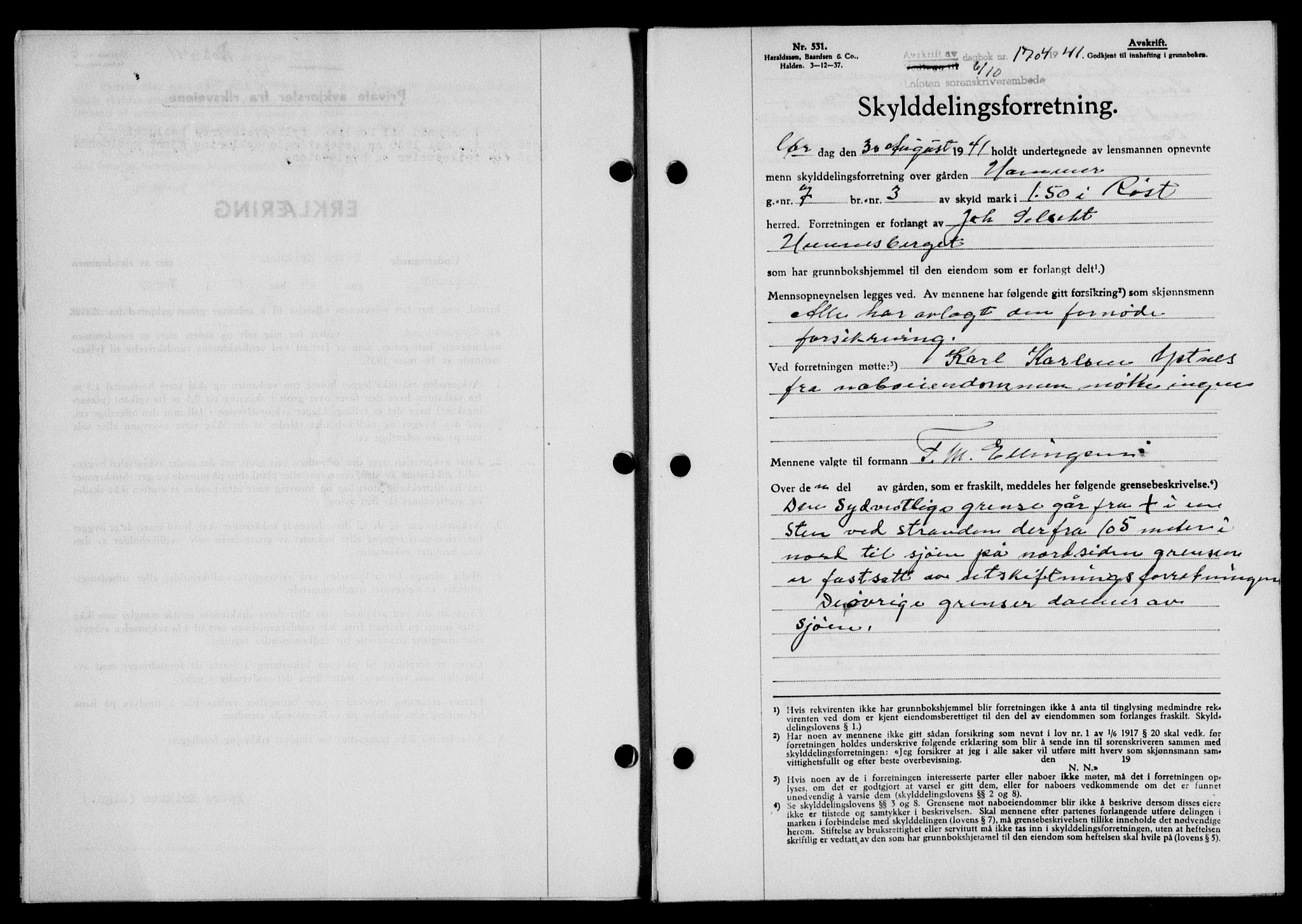 Lofoten sorenskriveri, SAT/A-0017/1/2/2C/L0009a: Mortgage book no. 9a, 1941-1942, Diary no: : 1704/1941