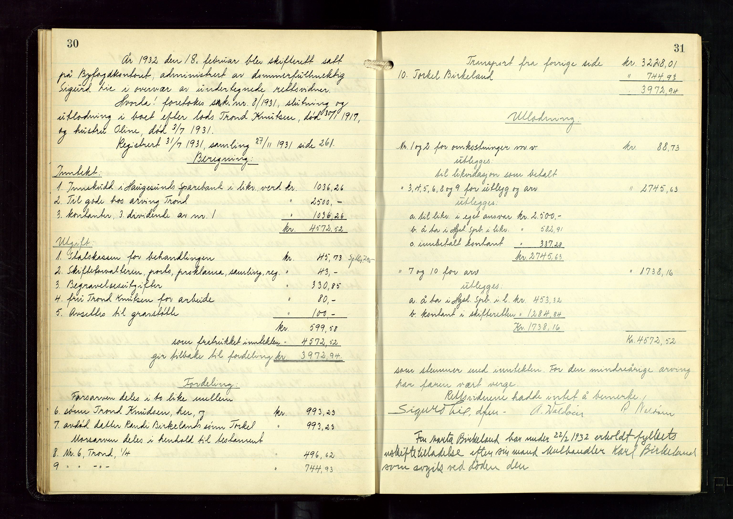 Haugesund tingrett, AV/SAST-A-101415/01/IV/IVD/L0005: Skifteutlodningsprotokoll, med register, 1931-1937, p. 30-31