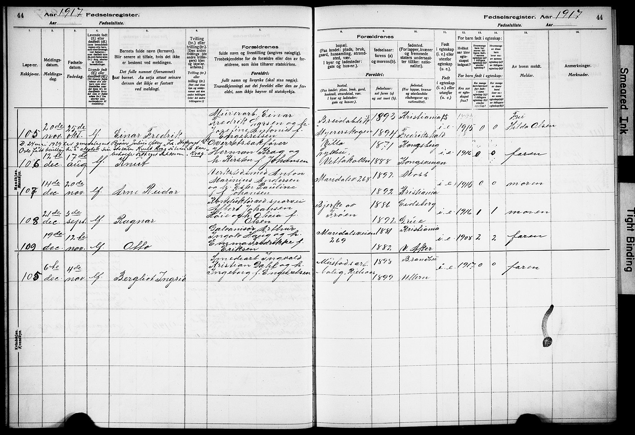 Vestre Aker prestekontor Kirkebøker, AV/SAO-A-10025/J/Ja/L0001: Birth register no. 1, 1916-1922, p. 44