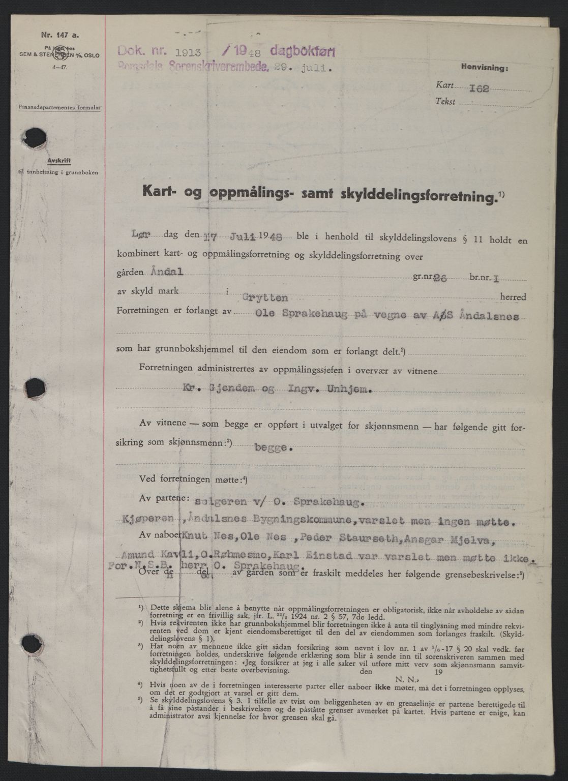 Romsdal sorenskriveri, AV/SAT-A-4149/1/2/2C: Mortgage book no. A26, 1948-1948, Diary no: : 1913/1948