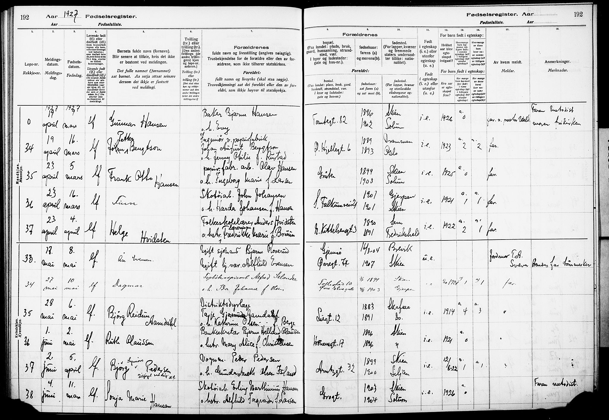 Skien kirkebøker, AV/SAKO-A-302/J/Ja/L0002: Birth register no. 2, 1921-1927, p. 192