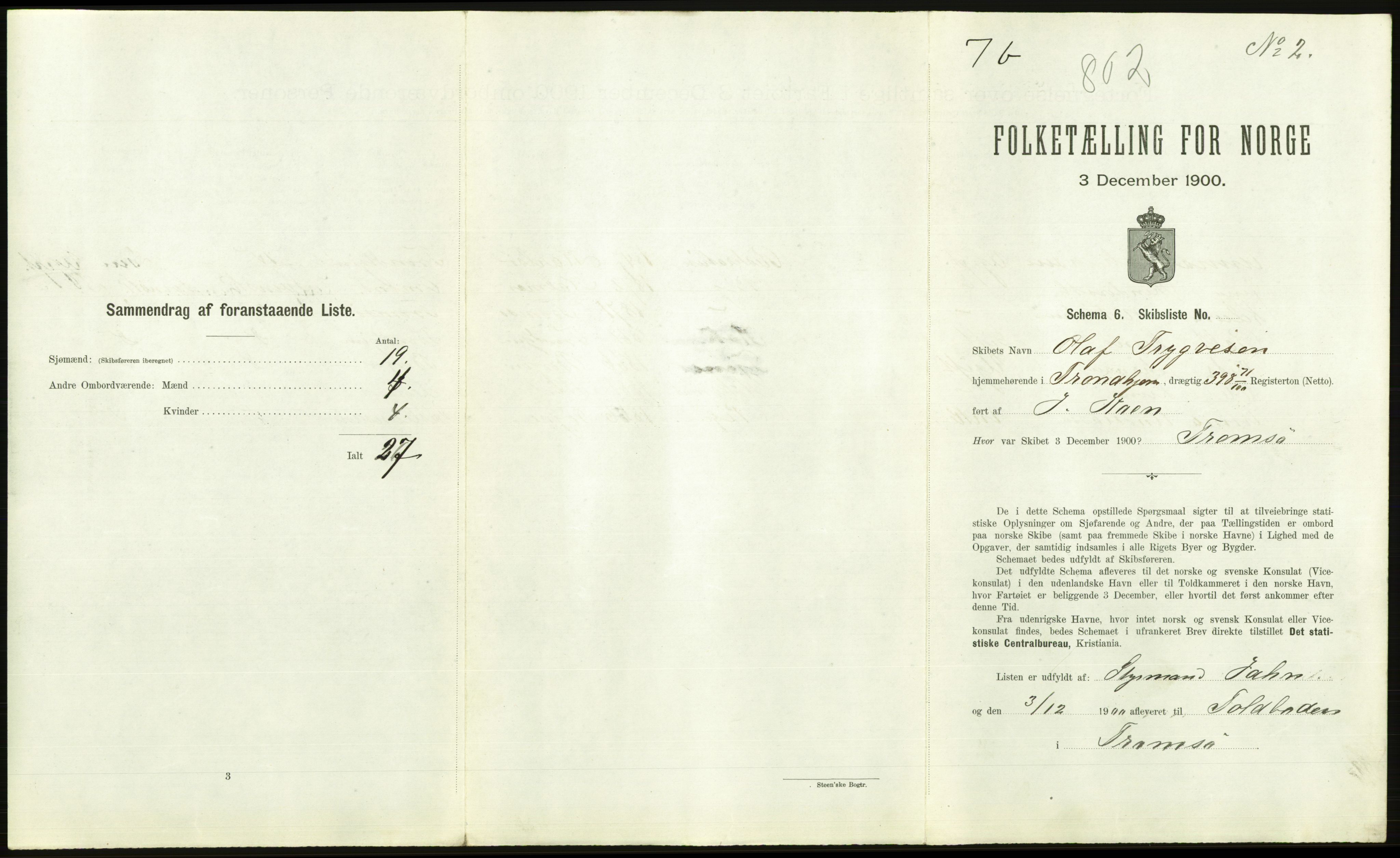 RA, 1900 Census - ship lists from ships in Norwegian harbours, harbours abroad and at sea, 1900, p. 2709