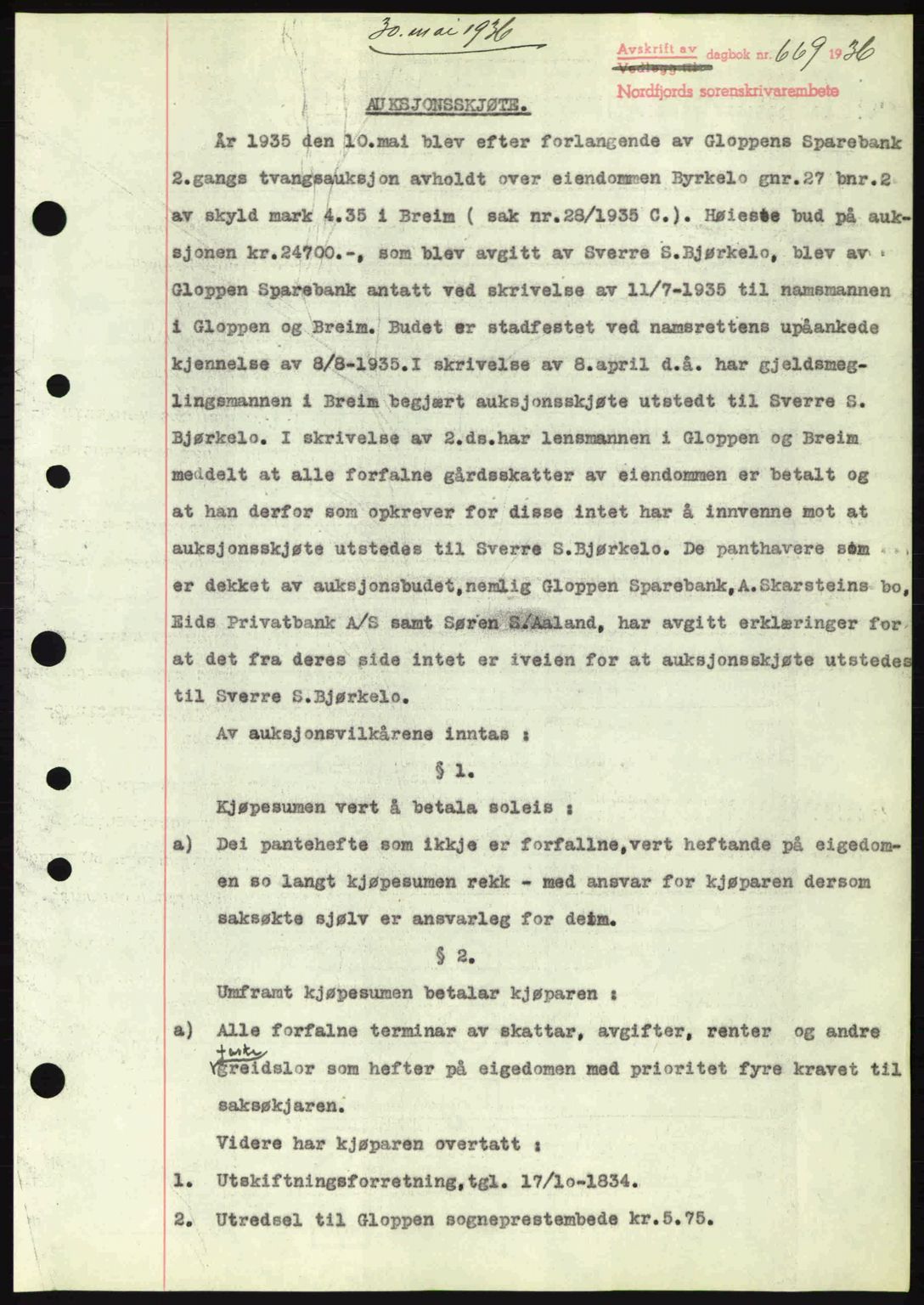 Nordfjord sorenskriveri, AV/SAB-A-2801/02/02b/02bj/L0001: Mortgage book no. A1, 1936-1937, Diary no: : 669/1936