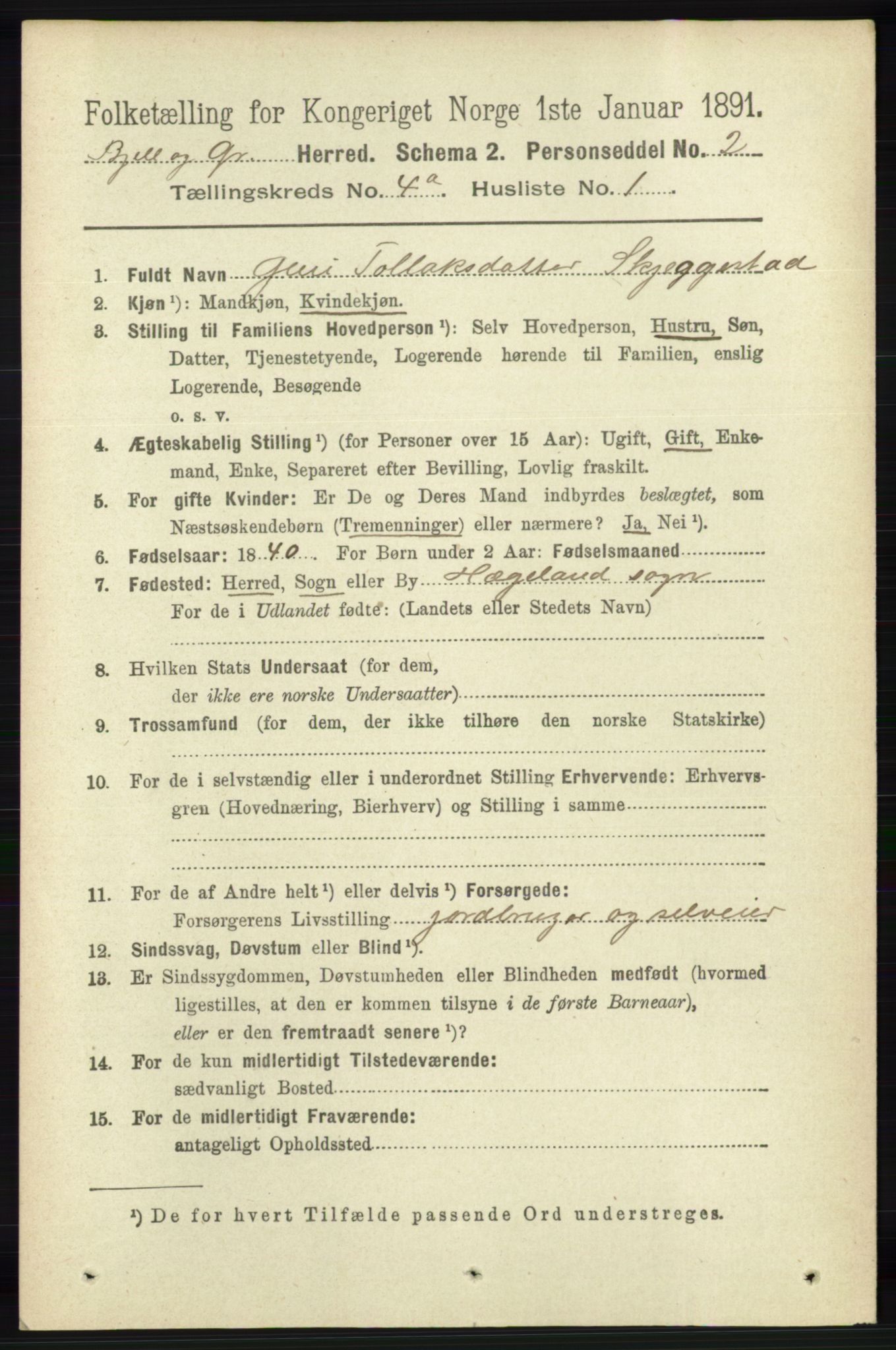 RA, 1891 census for 1024 Bjelland og Grindheim, 1891, p. 2082