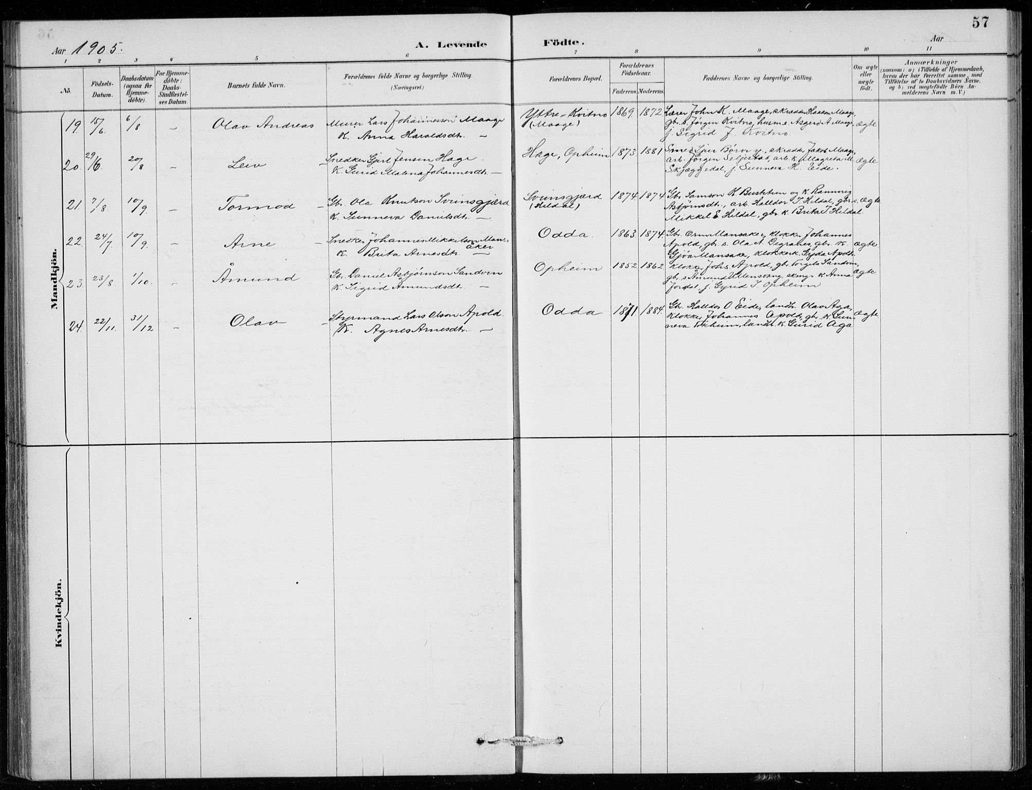 Odda Sokneprestembete, AV/SAB-A-77201/H/Hab: Parish register (copy) no. B  1, 1887-1909, p. 57