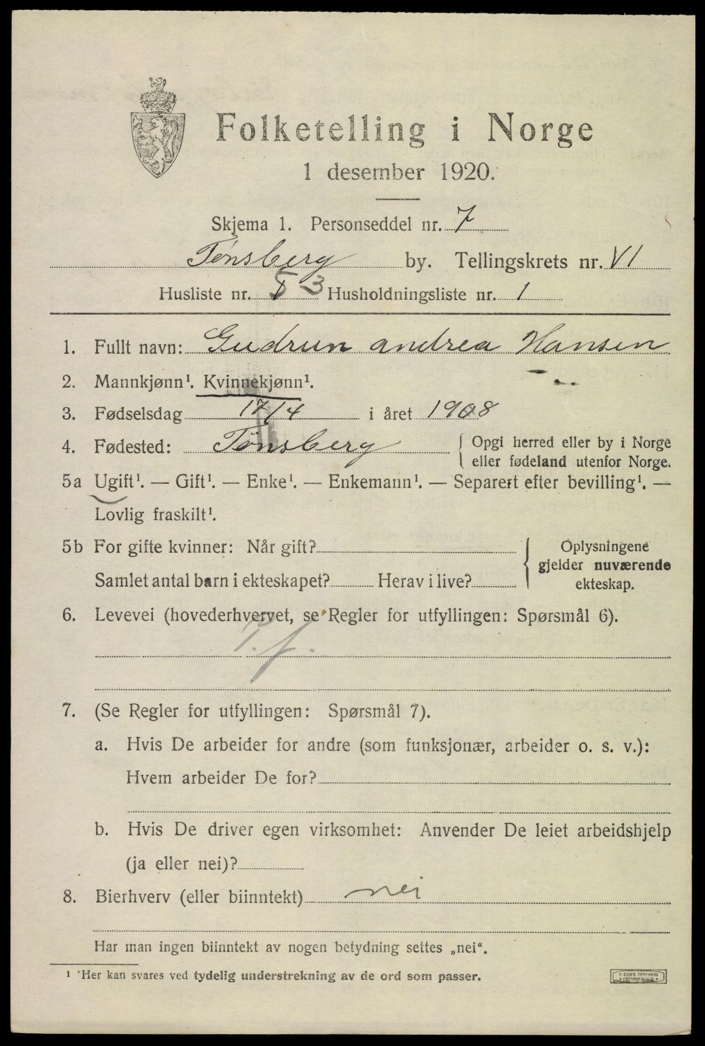 SAKO, 1920 census for Tønsberg, 1920, p. 15321