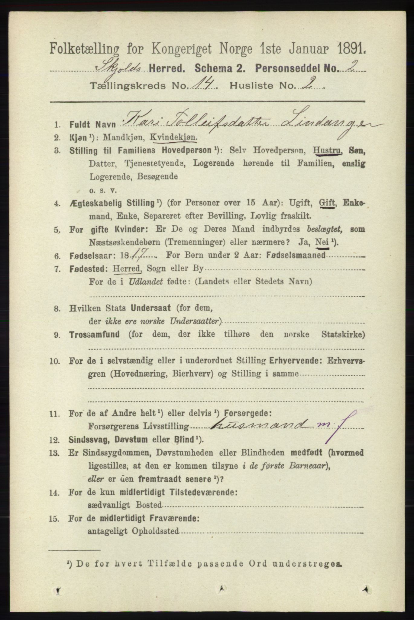 RA, 1891 census for 1154 Skjold, 1891, p. 2574