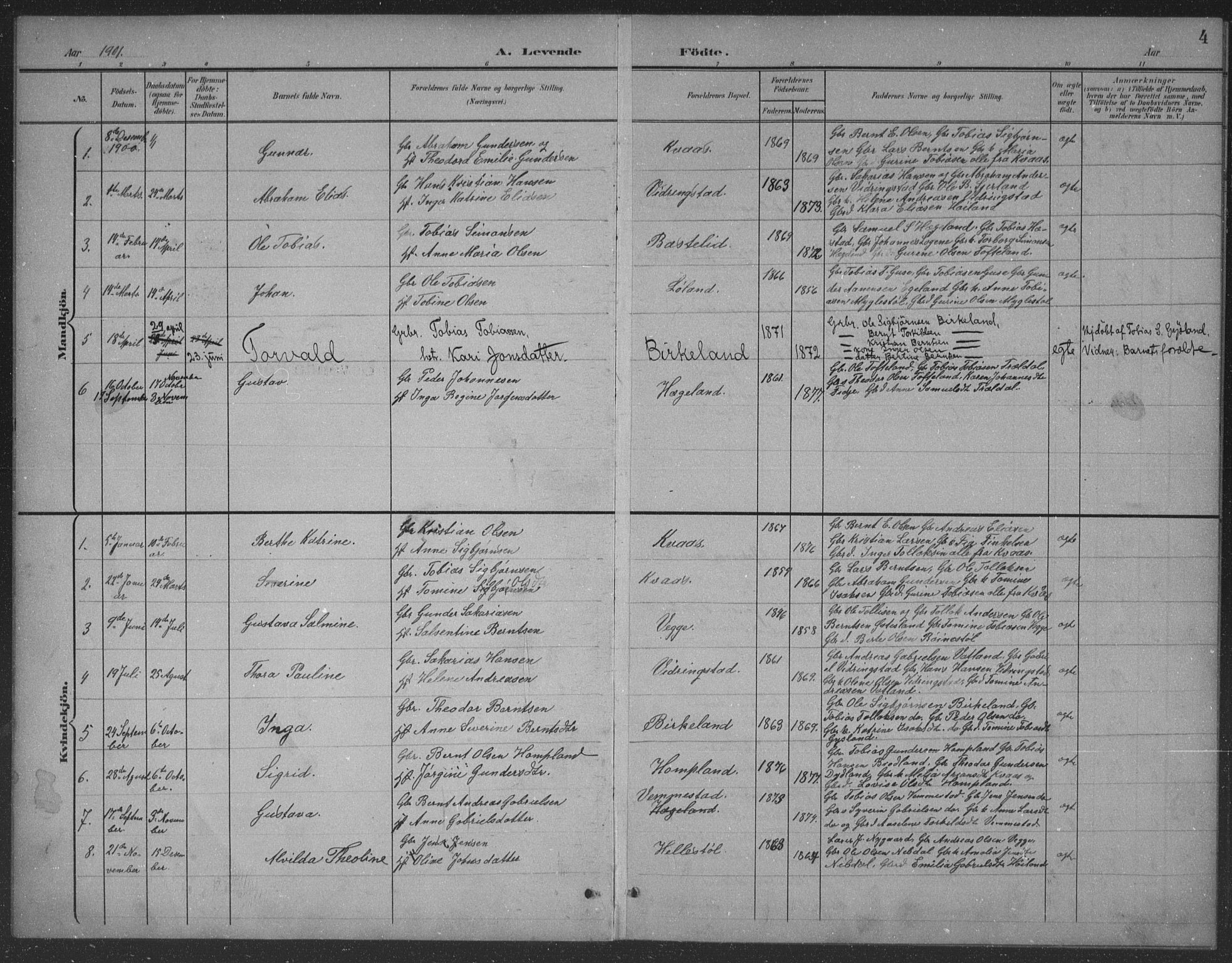 Lyngdal sokneprestkontor, AV/SAK-1111-0029/F/Fb/Fbb/L0002: Parish register (copy) no. B 2, 1901-1934, p. 4