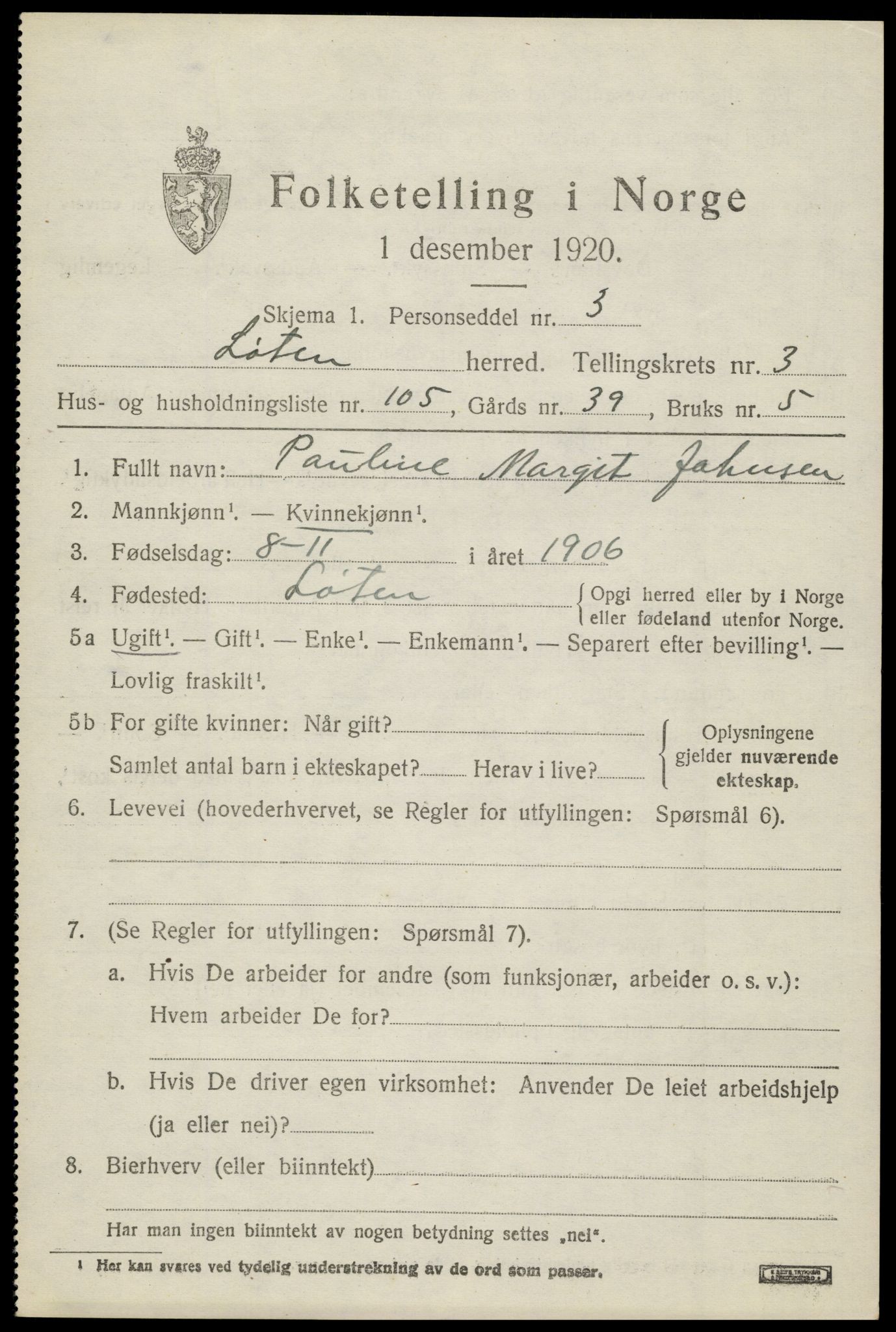 SAH, 1920 census for Løten, 1920, p. 8439