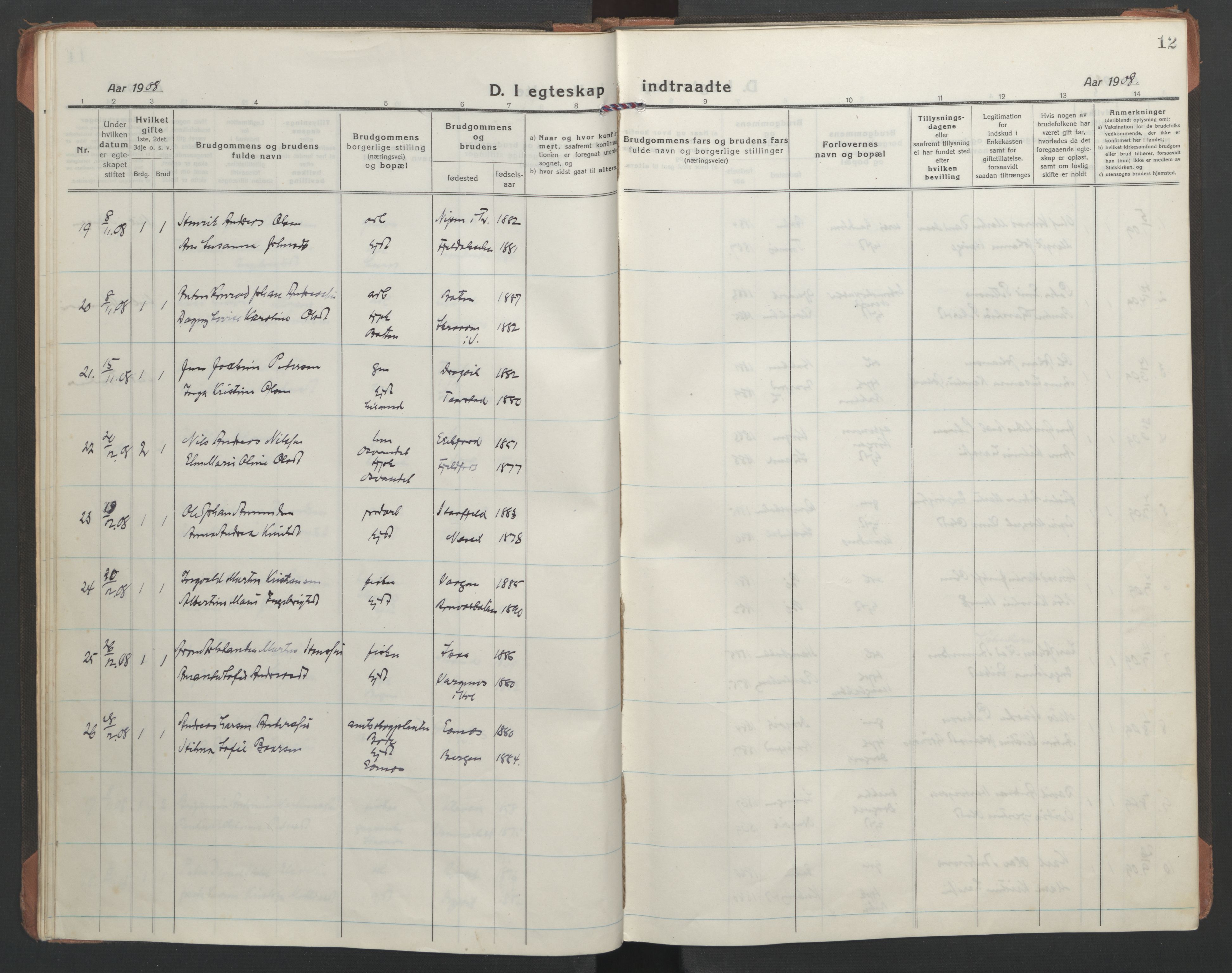 Ministerialprotokoller, klokkerbøker og fødselsregistre - Nordland, AV/SAT-A-1459/863/L0902: Parish register (official) no. 863A14, 1906-1937, p. 12