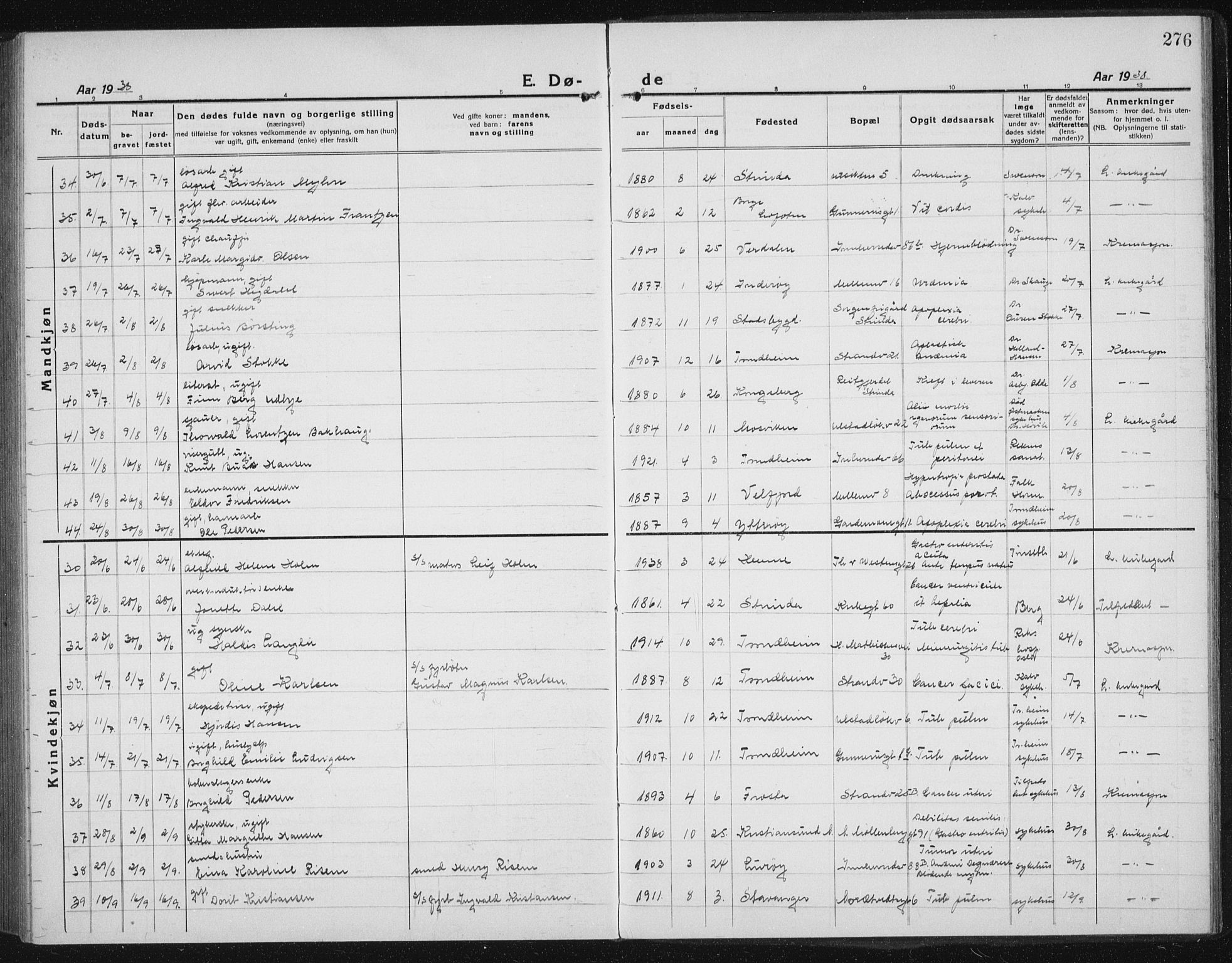 Ministerialprotokoller, klokkerbøker og fødselsregistre - Sør-Trøndelag, AV/SAT-A-1456/605/L0260: Parish register (copy) no. 605C07, 1922-1942, p. 276