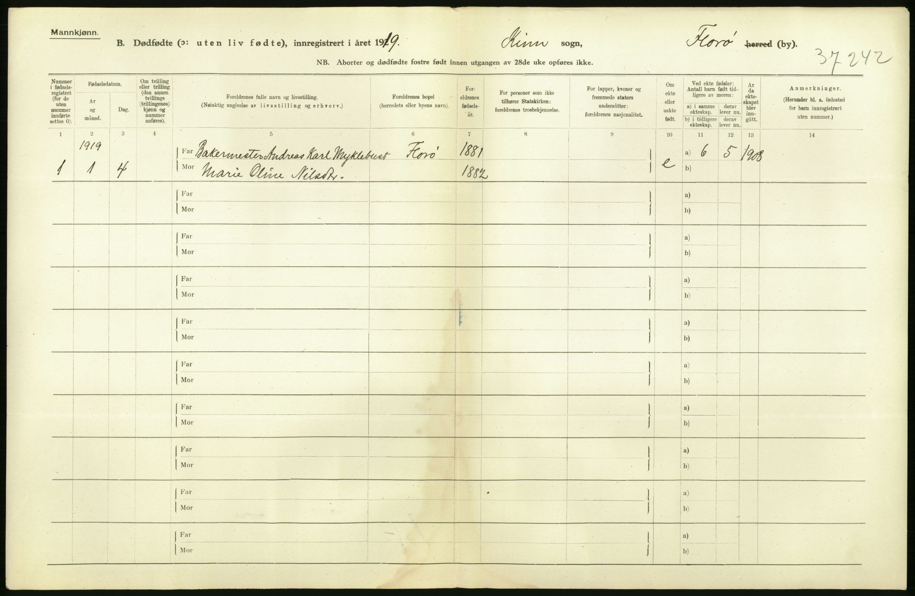 Statistisk sentralbyrå, Sosiodemografiske emner, Befolkning, AV/RA-S-2228/D/Df/Dfb/Dfbi/L0038: Florø by: Levendefødte menn og kvinner, gifte, døde, dødfødte.  Bygder og byer., 1919, p. 14