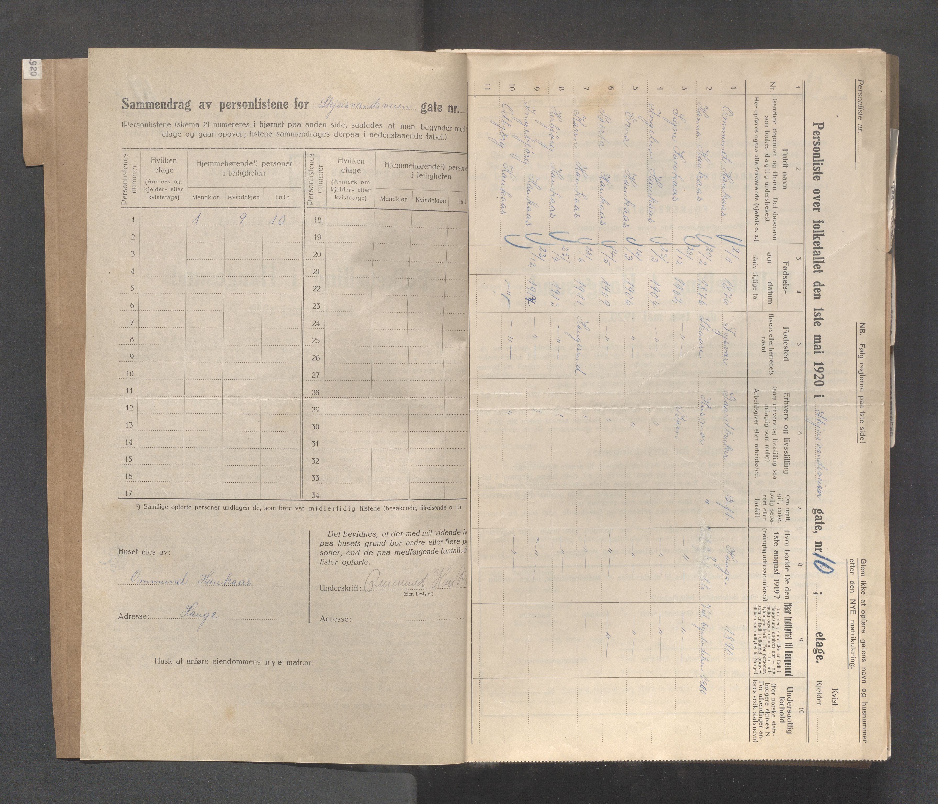 IKAR, Local census 1.5.1920 for Haugesund, 1920, p. 3722