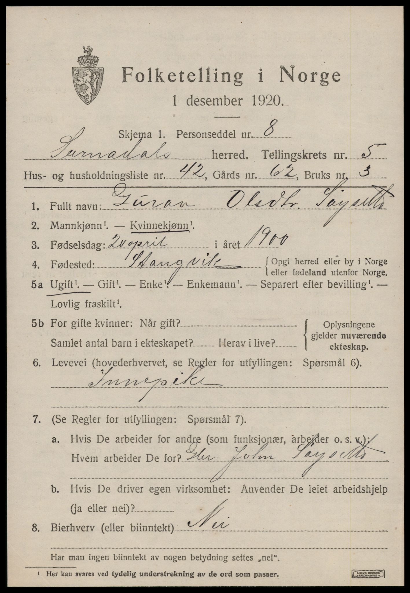 SAT, 1920 census for Surnadal, 1920, p. 4283