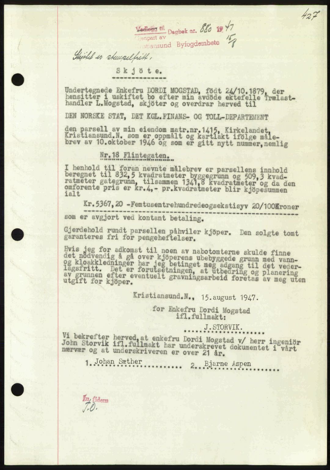 Kristiansund byfogd, AV/SAT-A-4587/A/27: Mortgage book no. 39b, 1946-1947, Diary no: : 880/1947
