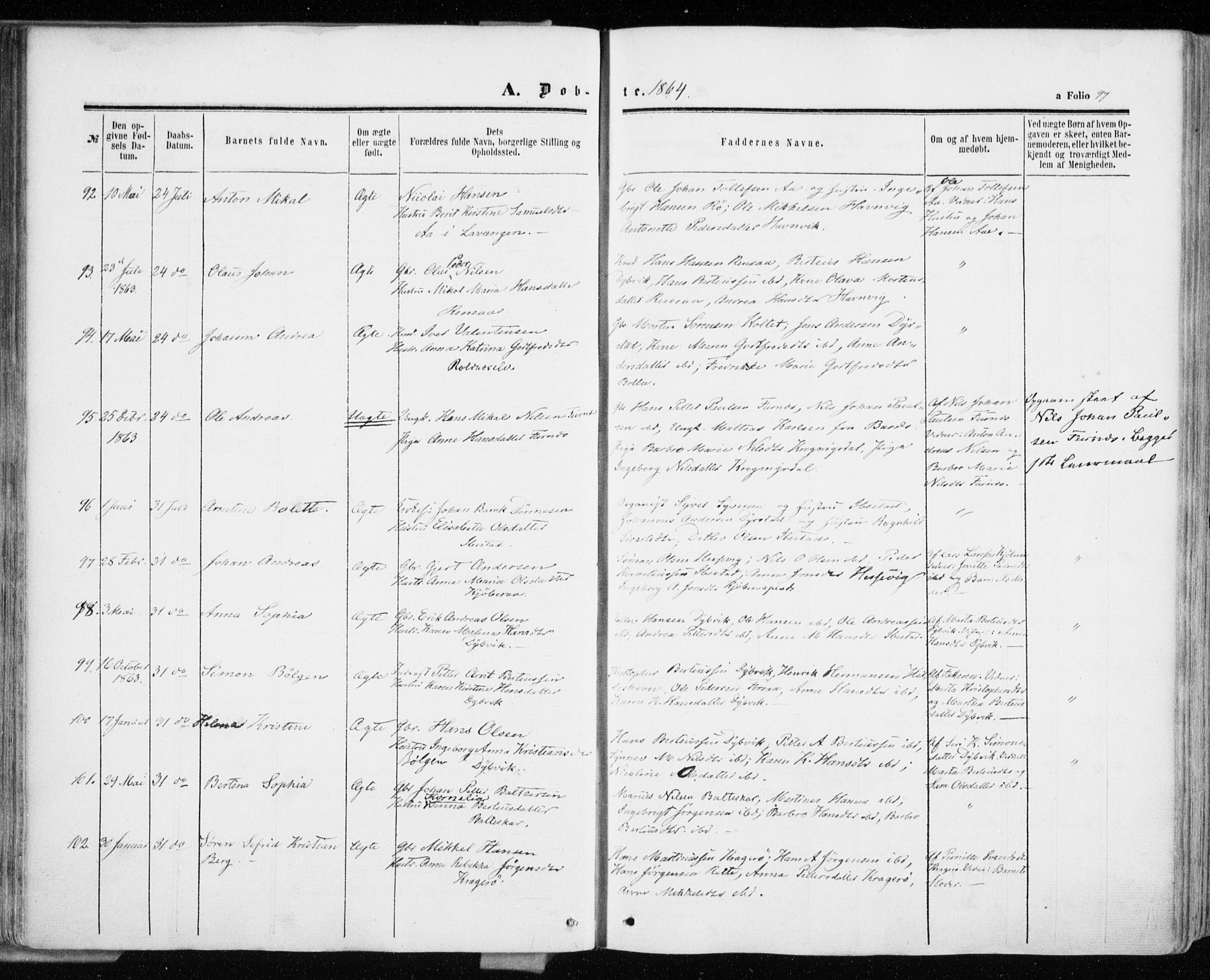 Ibestad sokneprestembete, SATØ/S-0077/H/Ha/Haa/L0009kirke: Parish register (official) no. 9, 1859-1868, p. 97