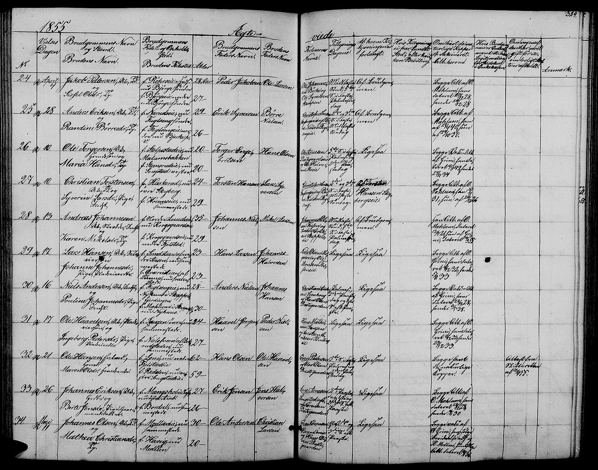 Ringsaker prestekontor, AV/SAH-PREST-014/L/La/L0006: Parish register (copy) no. 6, 1851-1860, p. 324