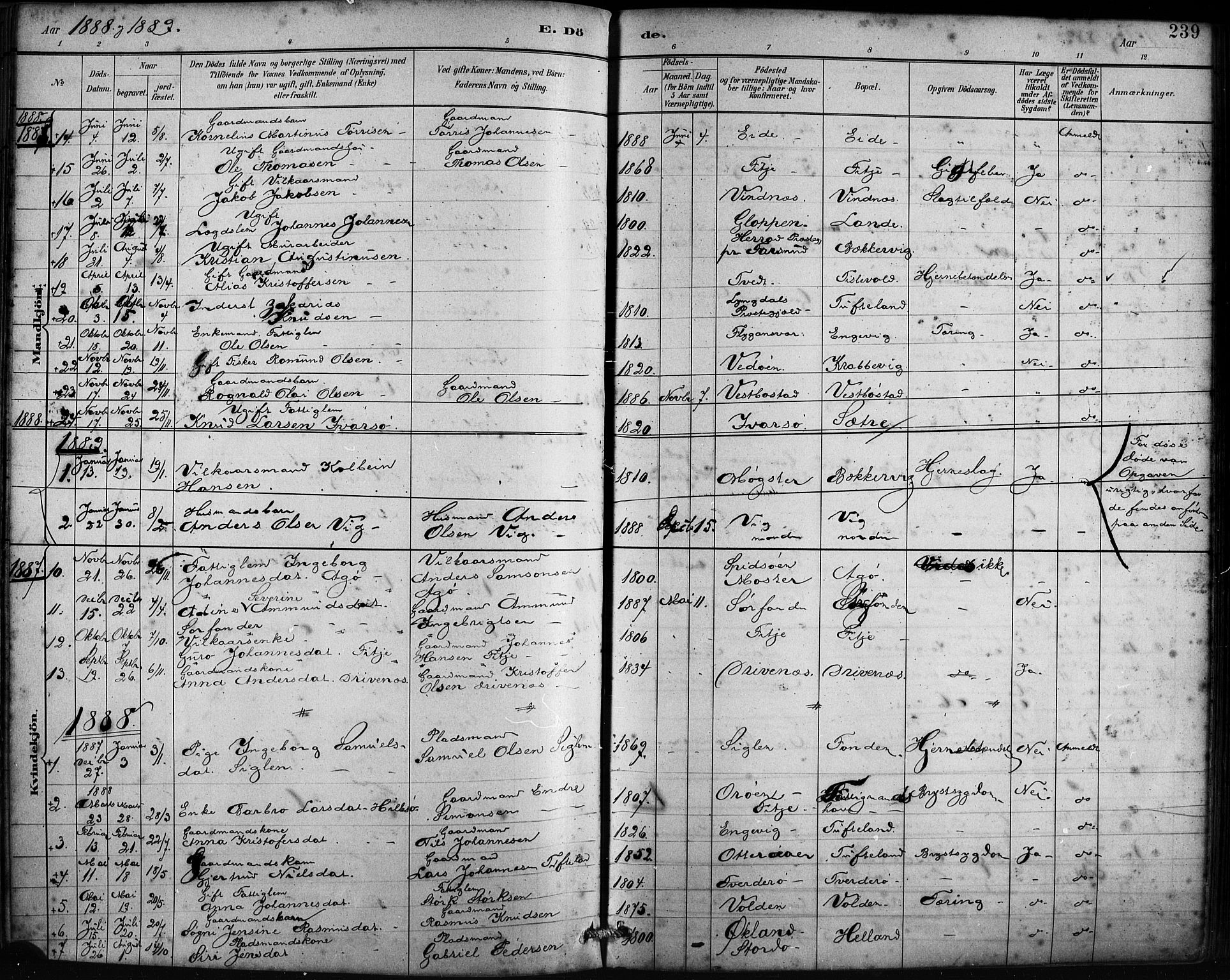 Fitjar sokneprestembete, SAB/A-99926: Parish register (official) no. A 2, 1882-1899, p. 239