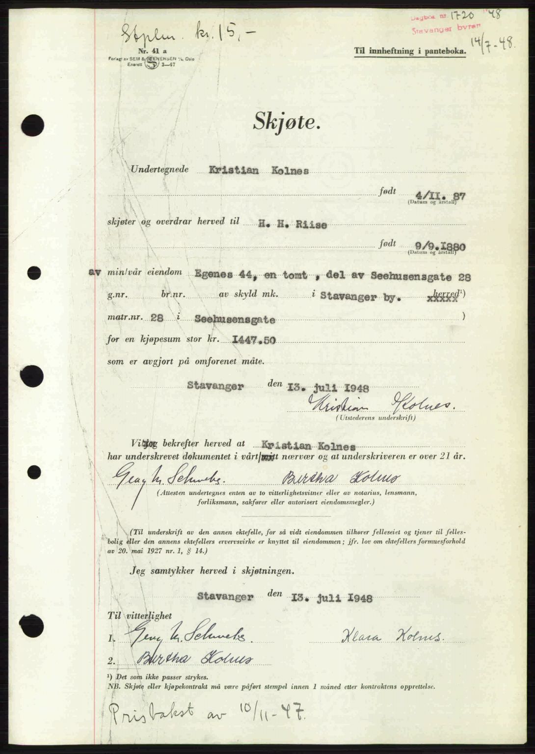 Stavanger byrett, SAST/A-100455/002/G/Gb/L0022: Mortgage book no. A11, 1947-1948, Diary no: : 1720/1948