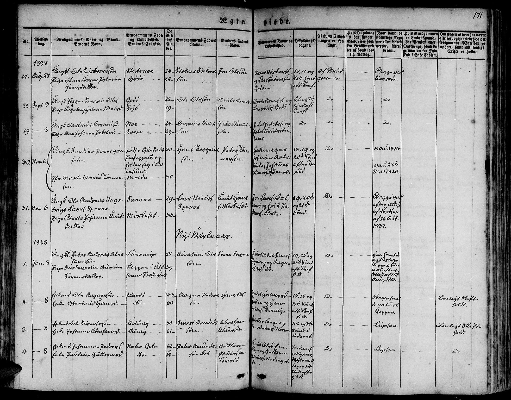 Ministerialprotokoller, klokkerbøker og fødselsregistre - Møre og Romsdal, AV/SAT-A-1454/528/L0395: Parish register (official) no. 528A06, 1828-1839, p. 171