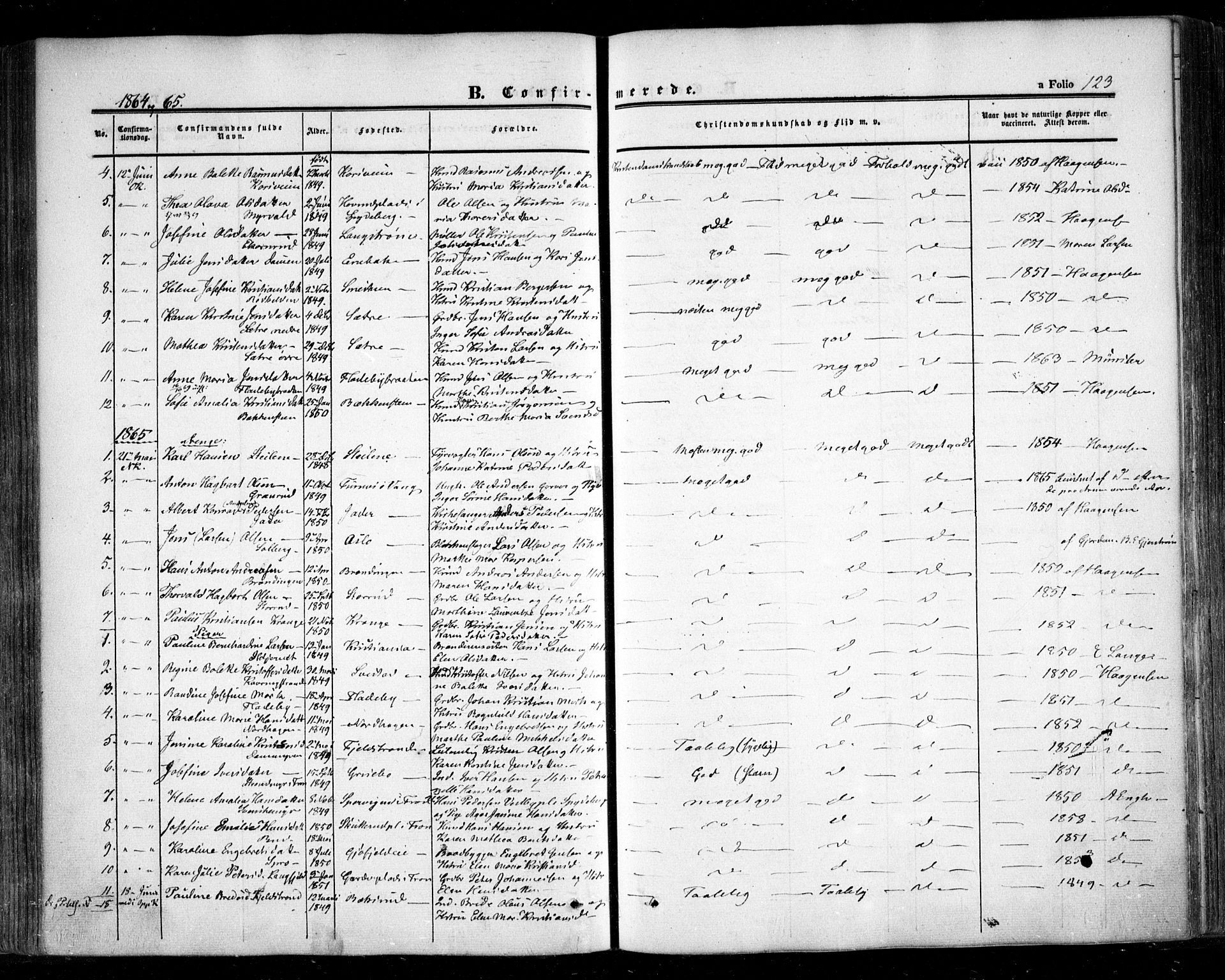 Nesodden prestekontor Kirkebøker, SAO/A-10013/F/Fa/L0007: Parish register (official) no. I 7, 1848-1868, p. 123