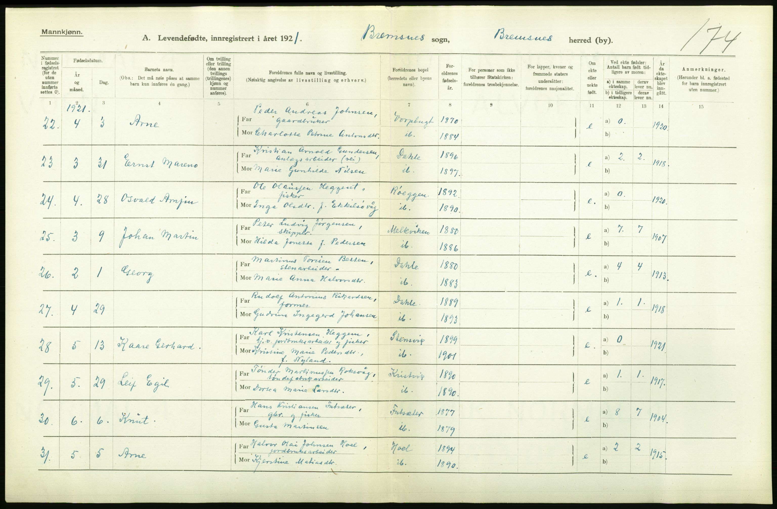 Statistisk sentralbyrå, Sosiodemografiske emner, Befolkning, AV/RA-S-2228/D/Df/Dfc/Dfca/L0040: Møre fylke: Levendefødte menn og kvinner. Bygder., 1921, p. 536