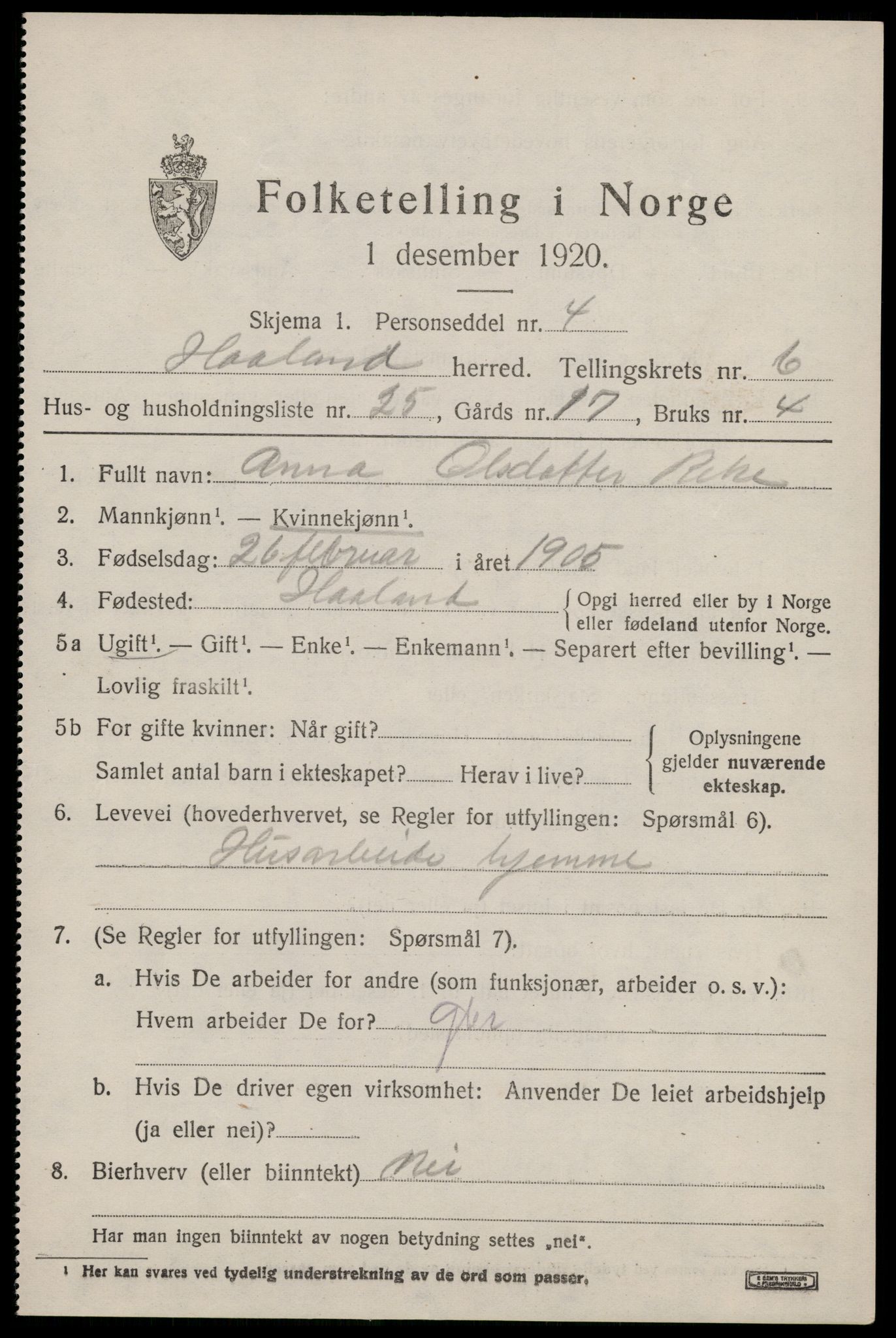 SAST, 1920 census for Håland, 1920, p. 5283