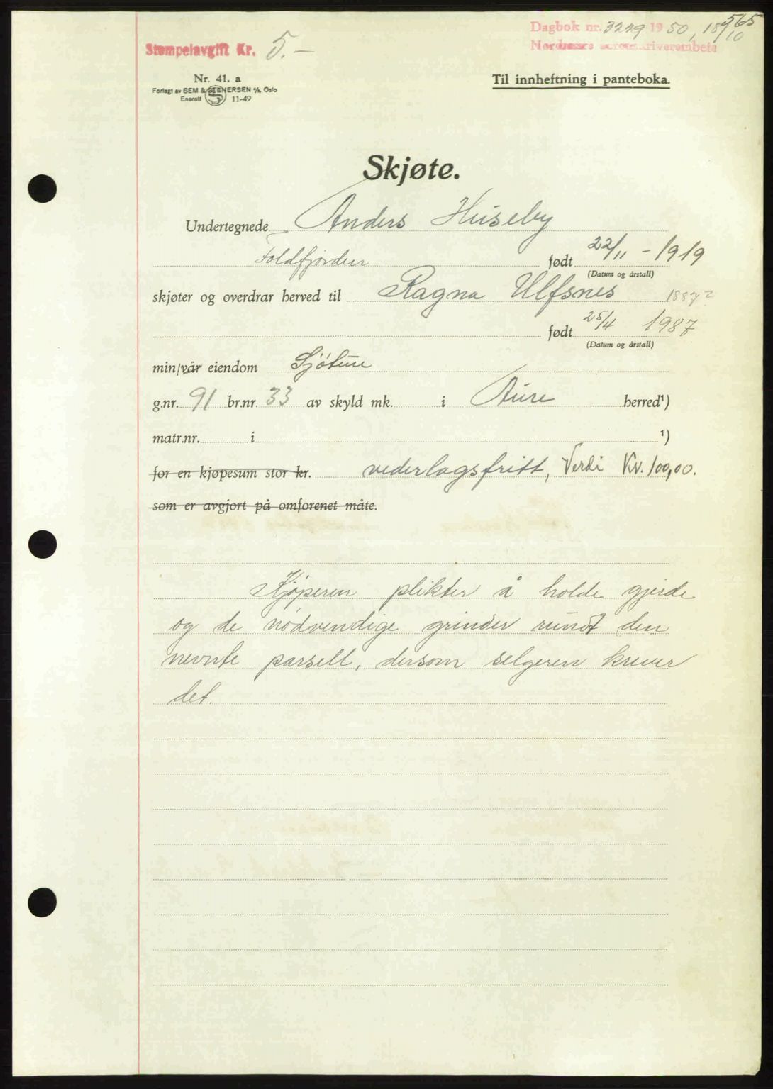 Nordmøre sorenskriveri, AV/SAT-A-4132/1/2/2Ca: Mortgage book no. A116, 1950-1950, Diary no: : 3229/1950