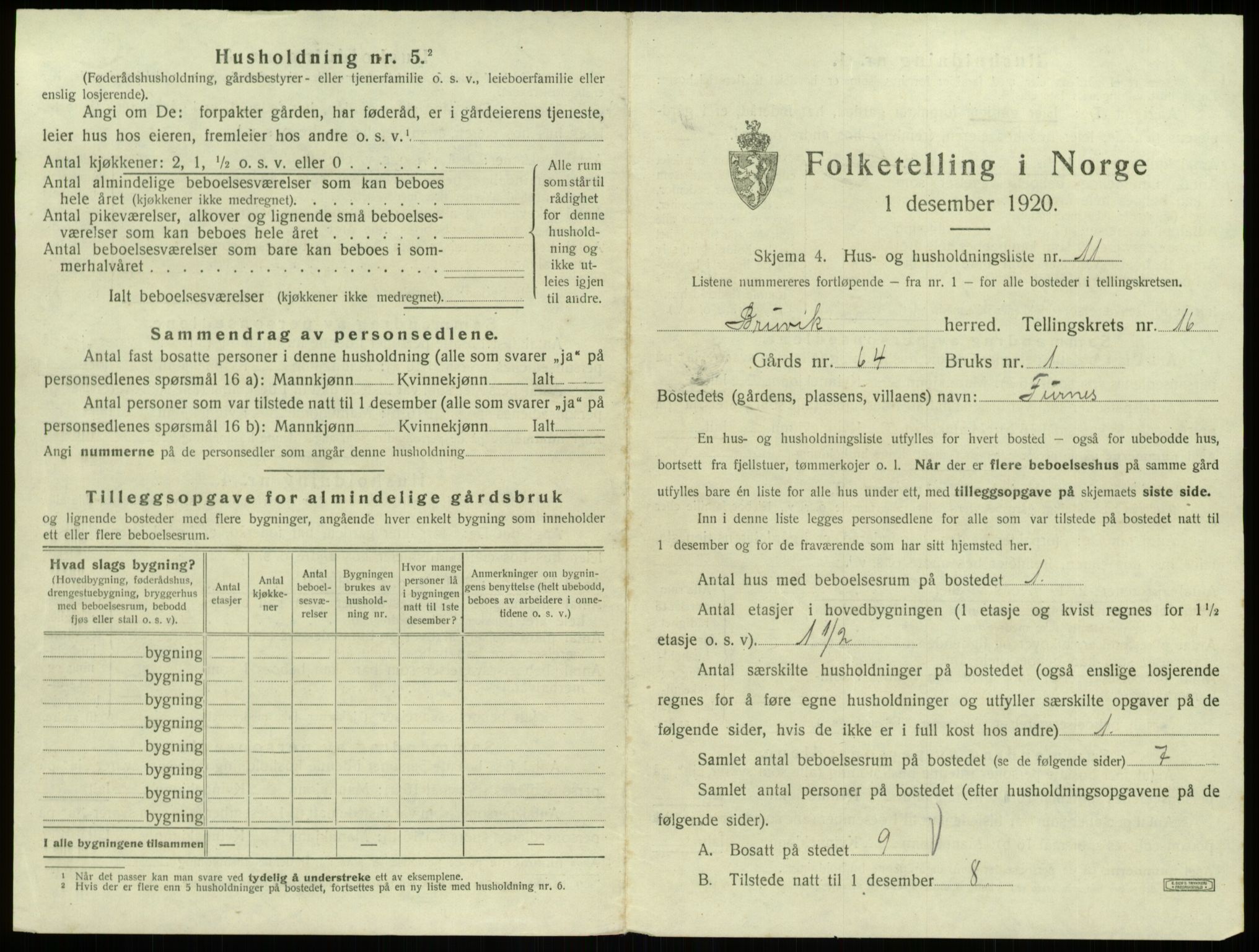 SAB, 1920 census for Bruvik, 1920, p. 1092