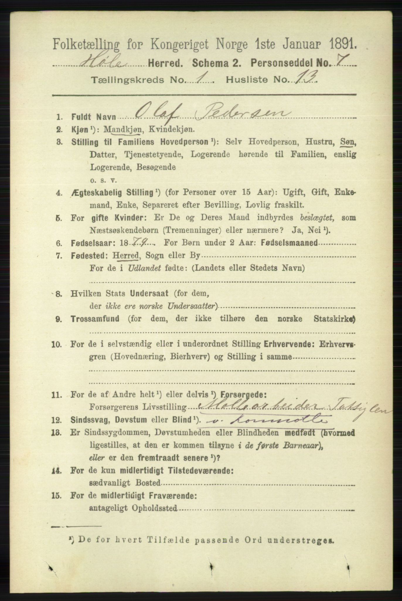 RA, 1891 census for 1128 Høle, 1891, p. 137