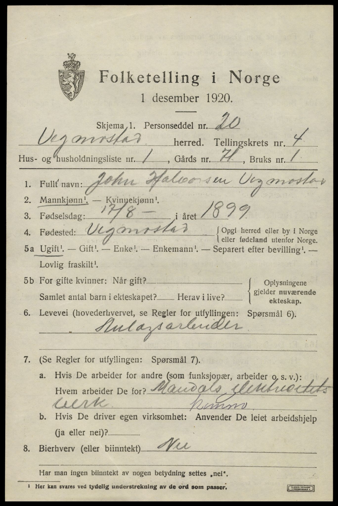 SAK, 1920 census for Vigmostad, 1920, p. 1211