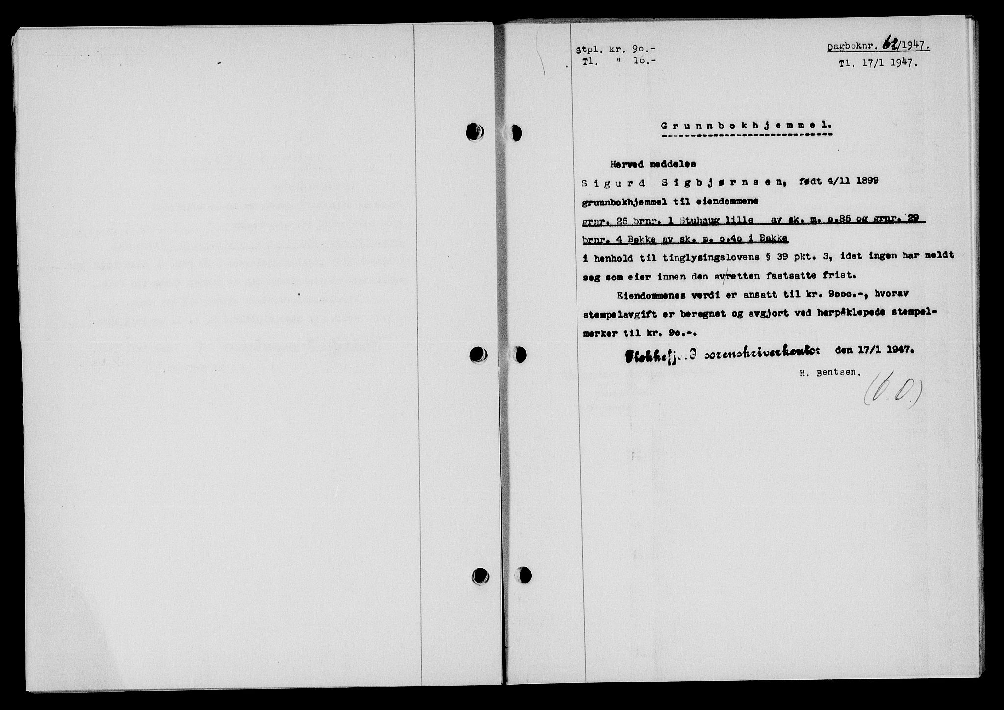 Flekkefjord sorenskriveri, AV/SAK-1221-0001/G/Gb/Gba/L0061: Mortgage book no. A-9, 1946-1947, Diary no: : 62/1947